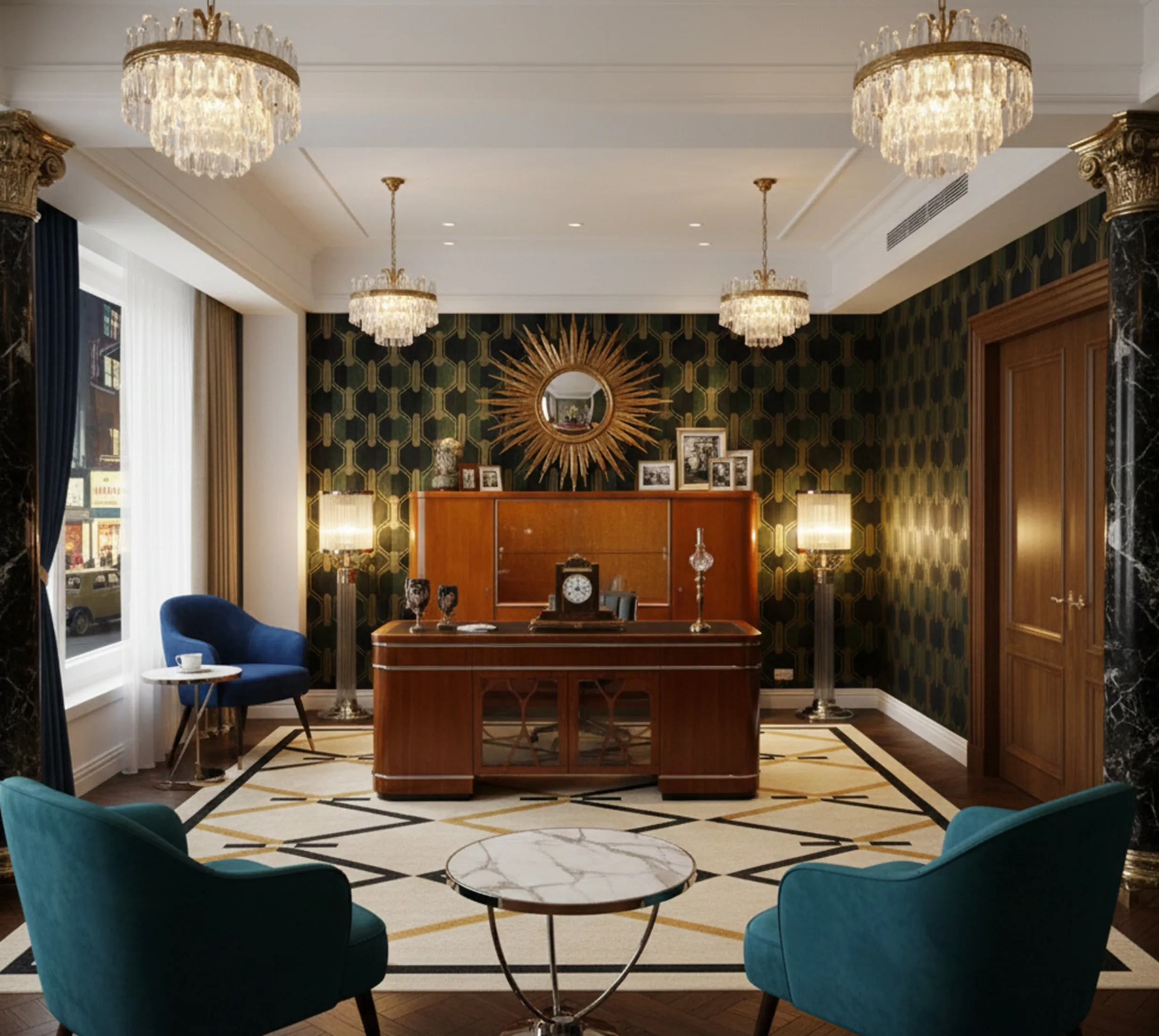 Mueble bar antiguo en un entorno de oficina elegante.