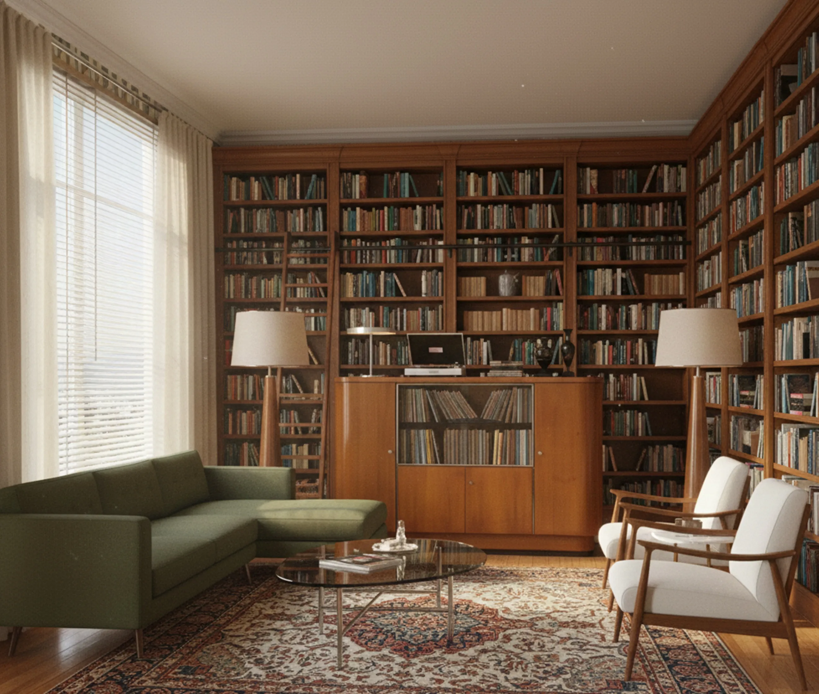 Meuble à cocktail ancien avec des étagères de livres en arrière-plan