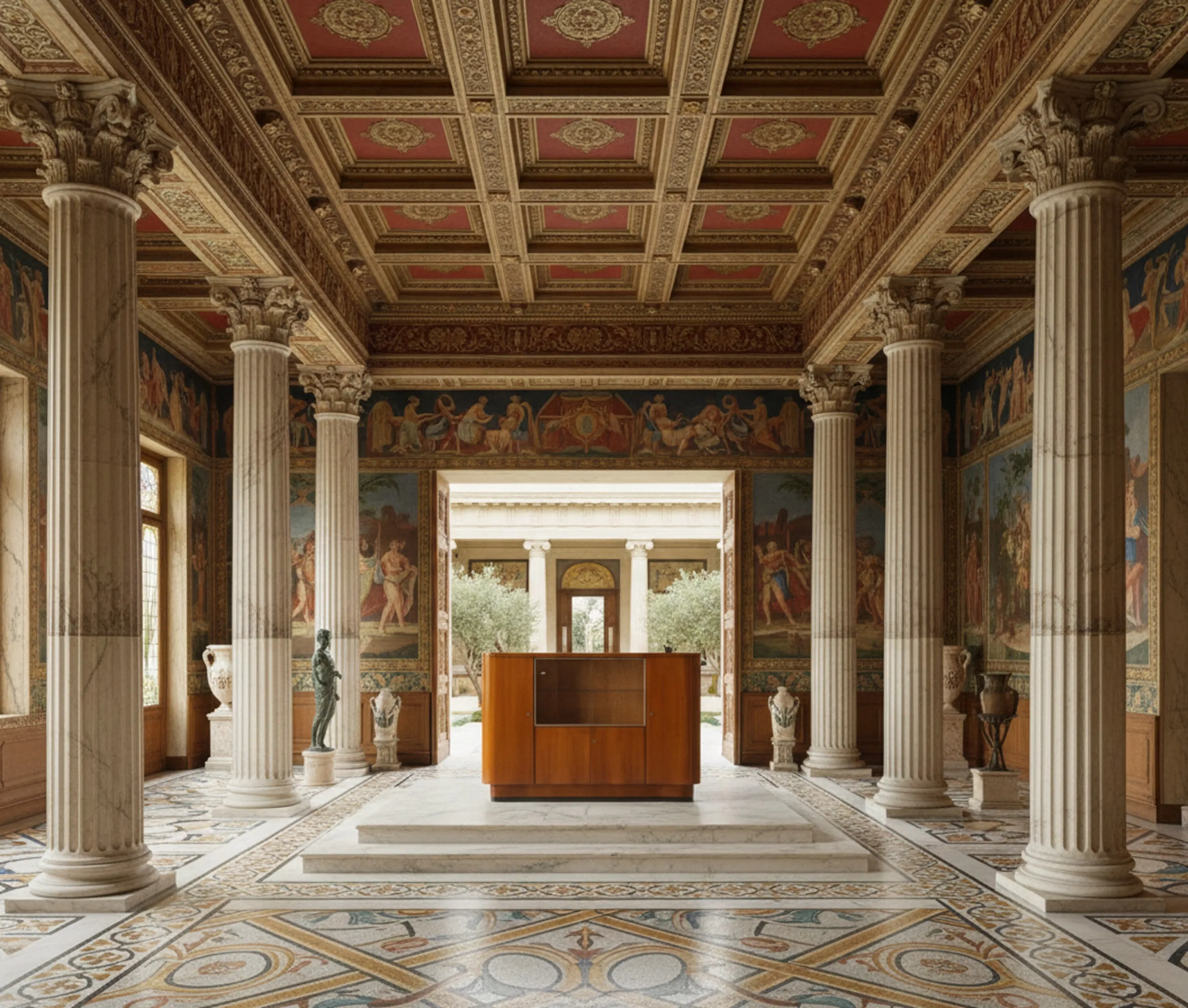 Bar antico in un elegante salone con colonne e affreschi.