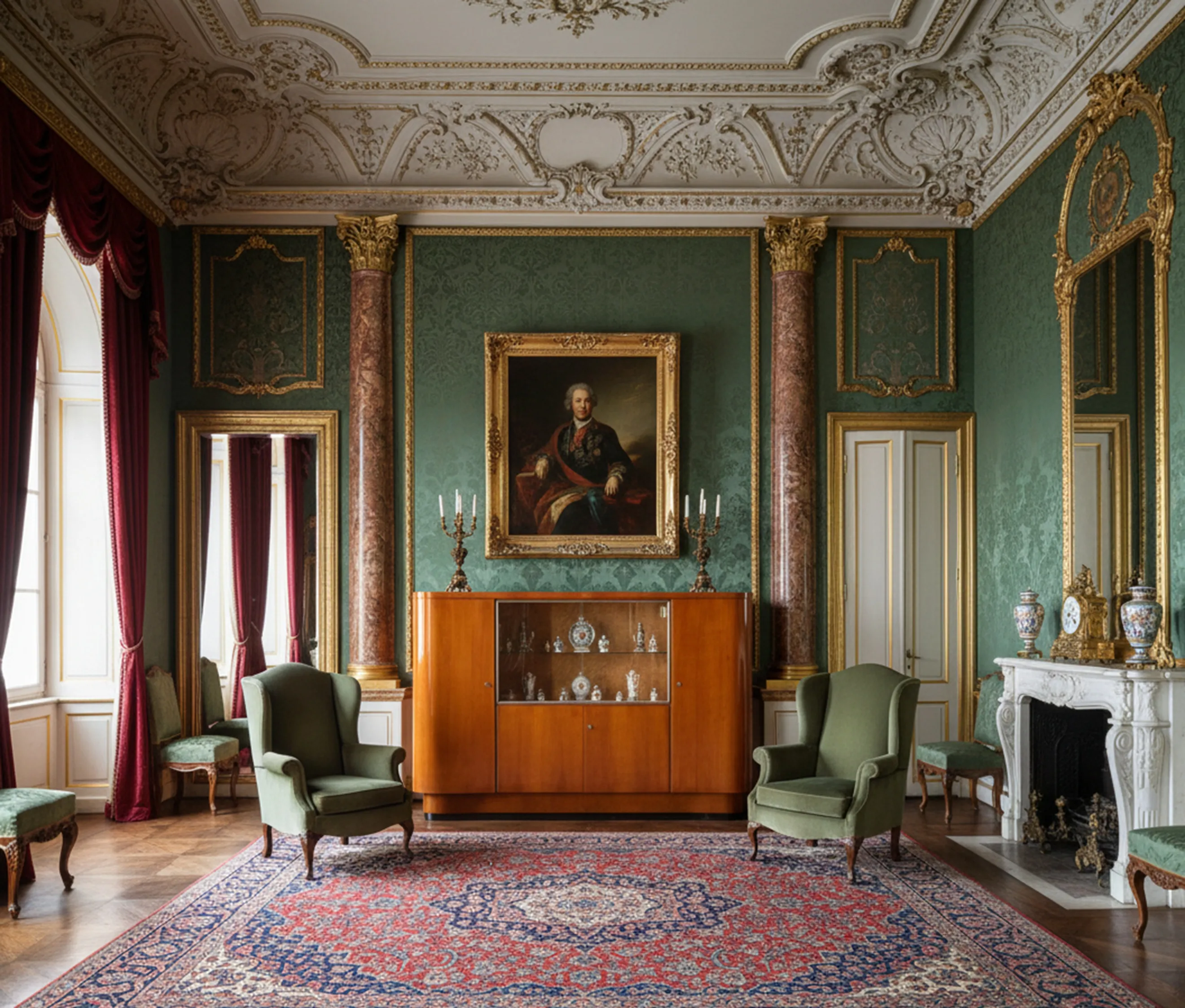 Mobile bar antico in una sala elegante con decorazioni classiche.