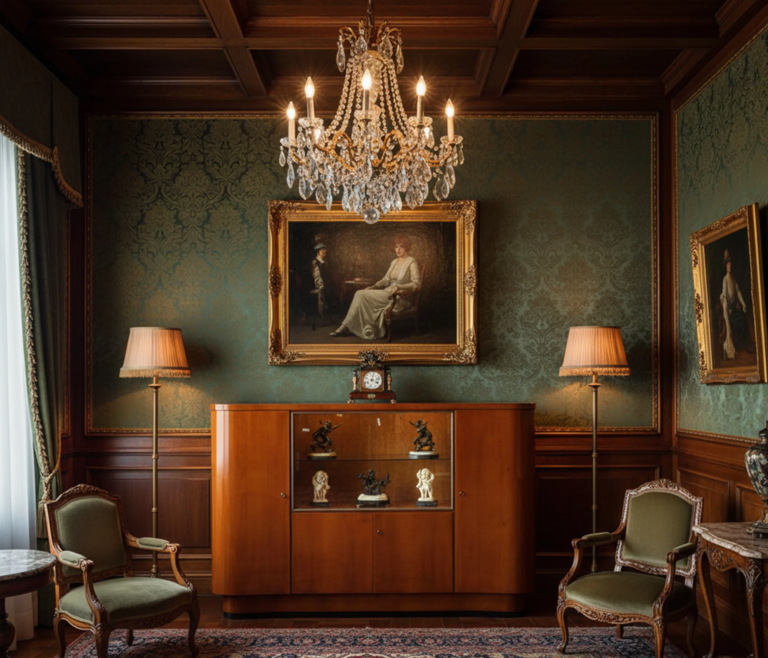 Mueble bar antiguo en un entorno elegante con lámpara y cuadros