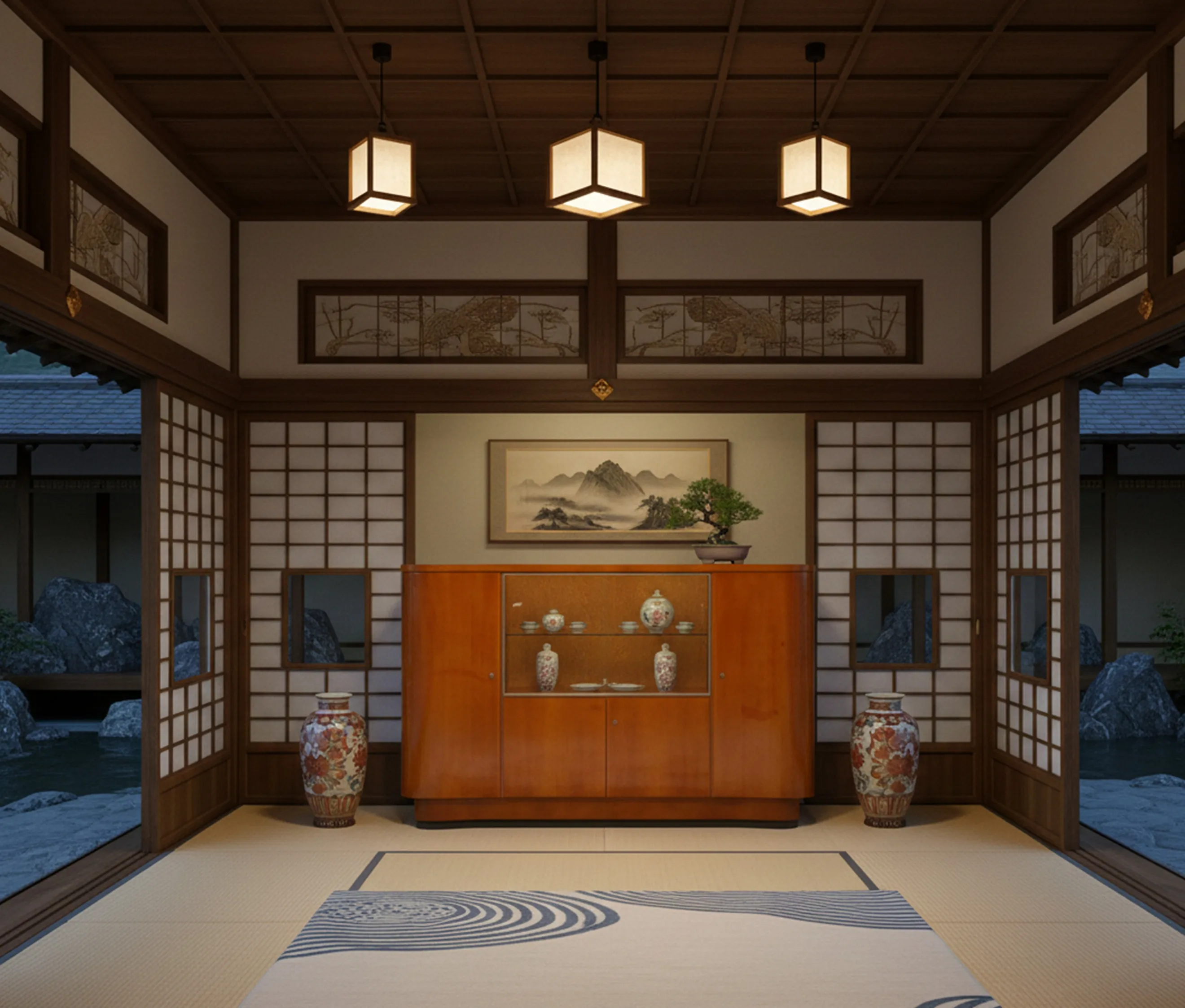 Bar aparador antigo com elementos decorativos e ambiente acolhedor.