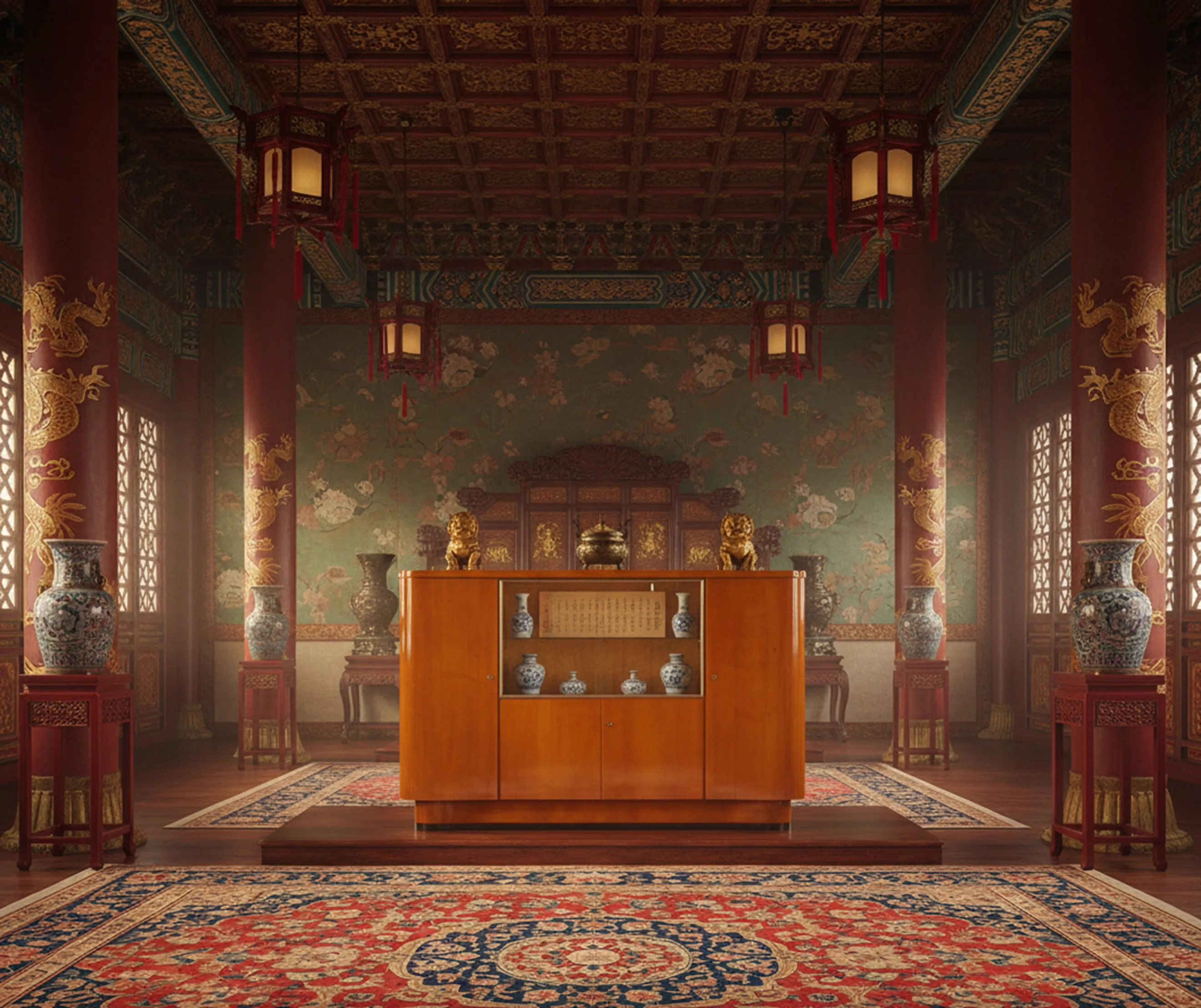 Antique Bar in a decorated room with statues and vases.