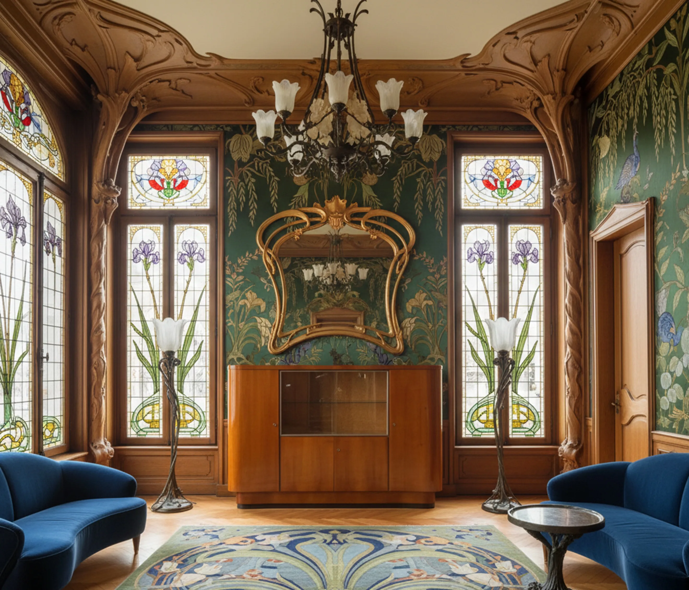 Meuble à bar ancien dans un cadre floral décoratif avec lumière.