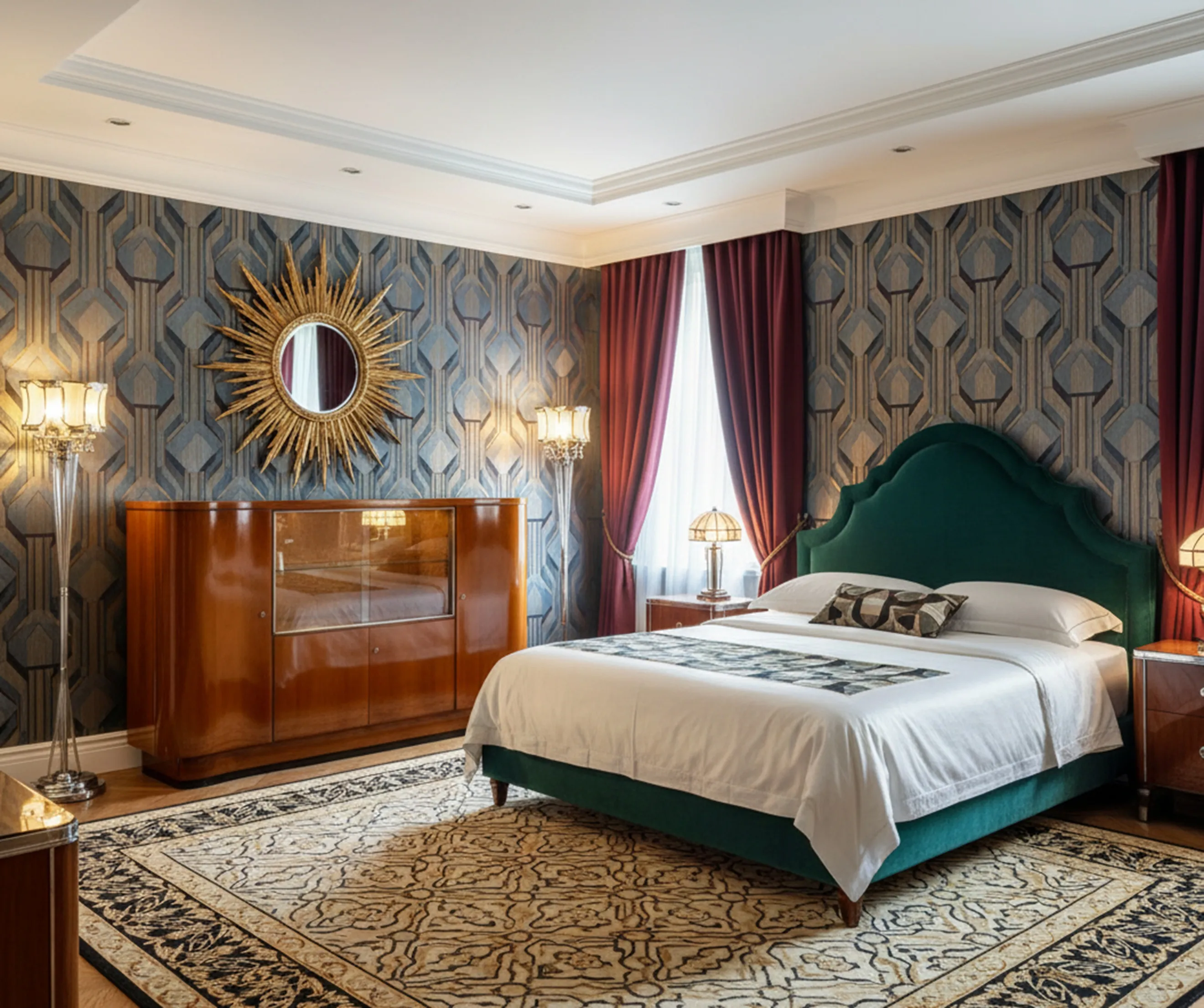 bar antigo em quarto elegante com espelho e luz