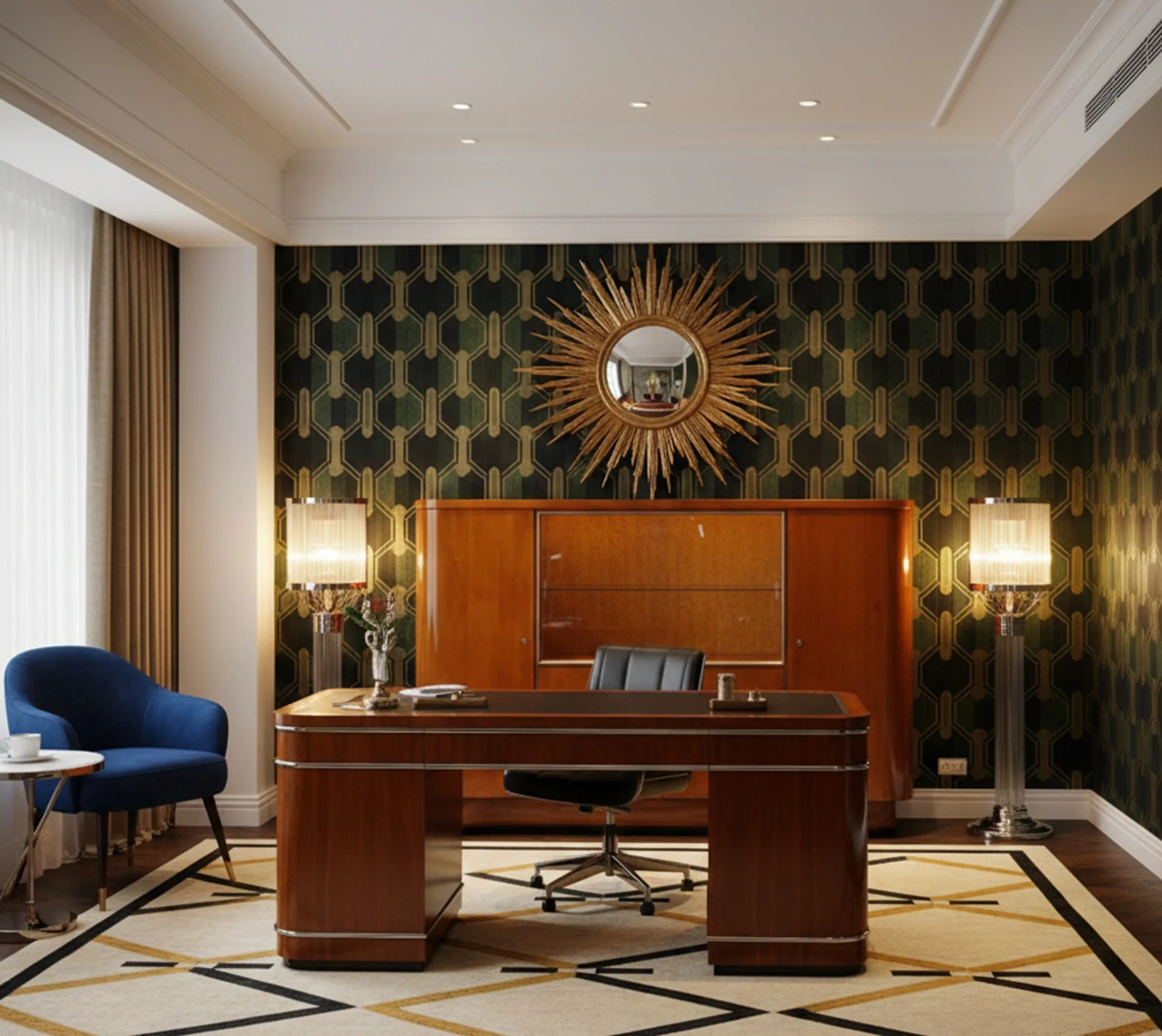 Mueble bar antiguo con detalles elegantes en una oficina decorada