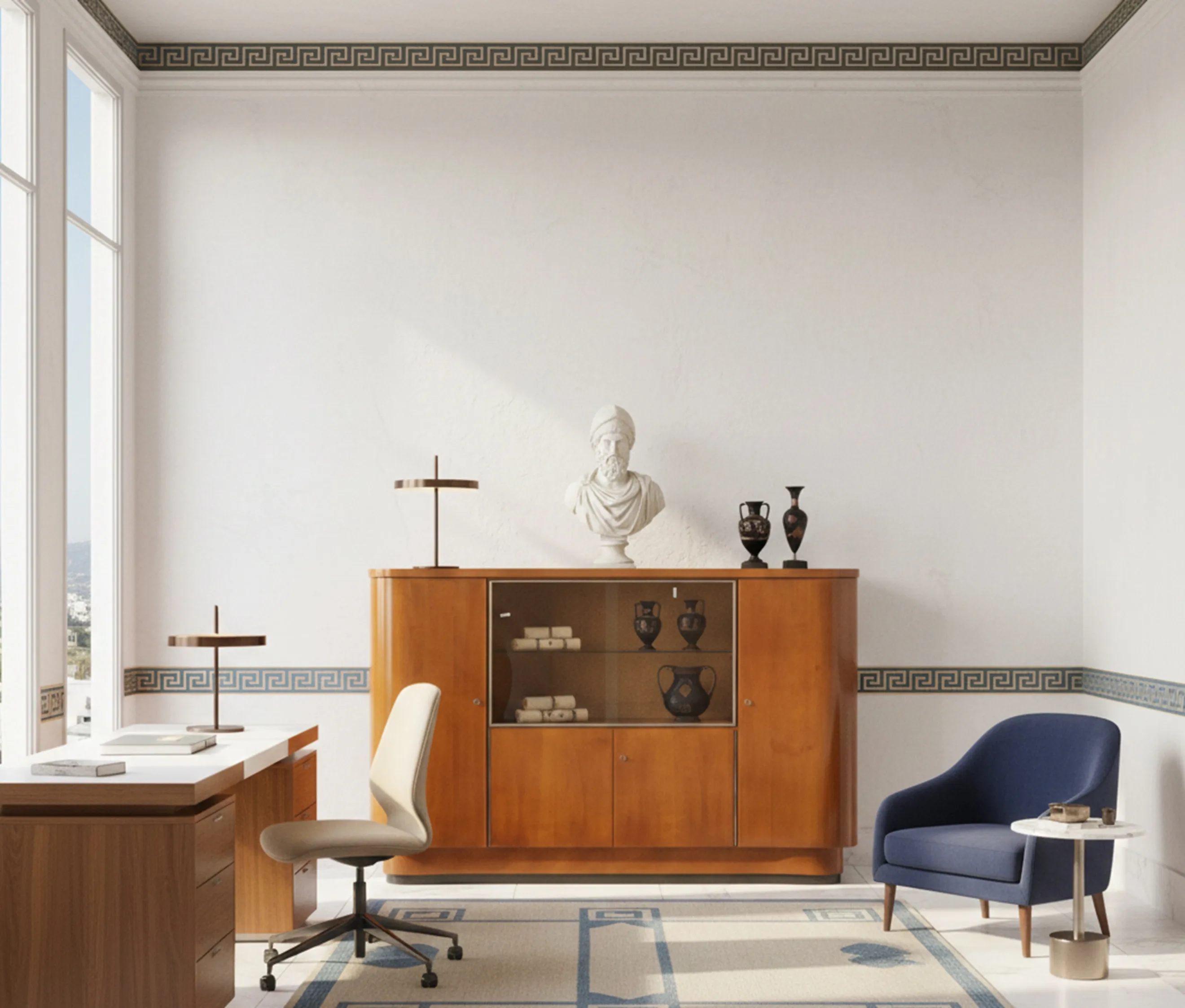 Meuble à cocktail ancien avec étagères, décoré de buste et vases.