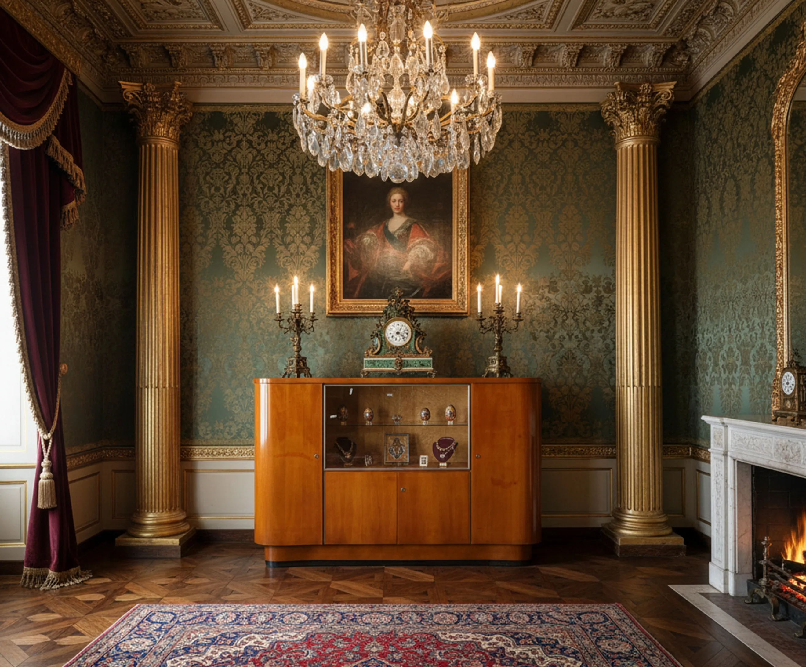 Antiker Cocktail-Schrank in einem eleganten, schön beleuchteten und luxuriösen Ambiente.