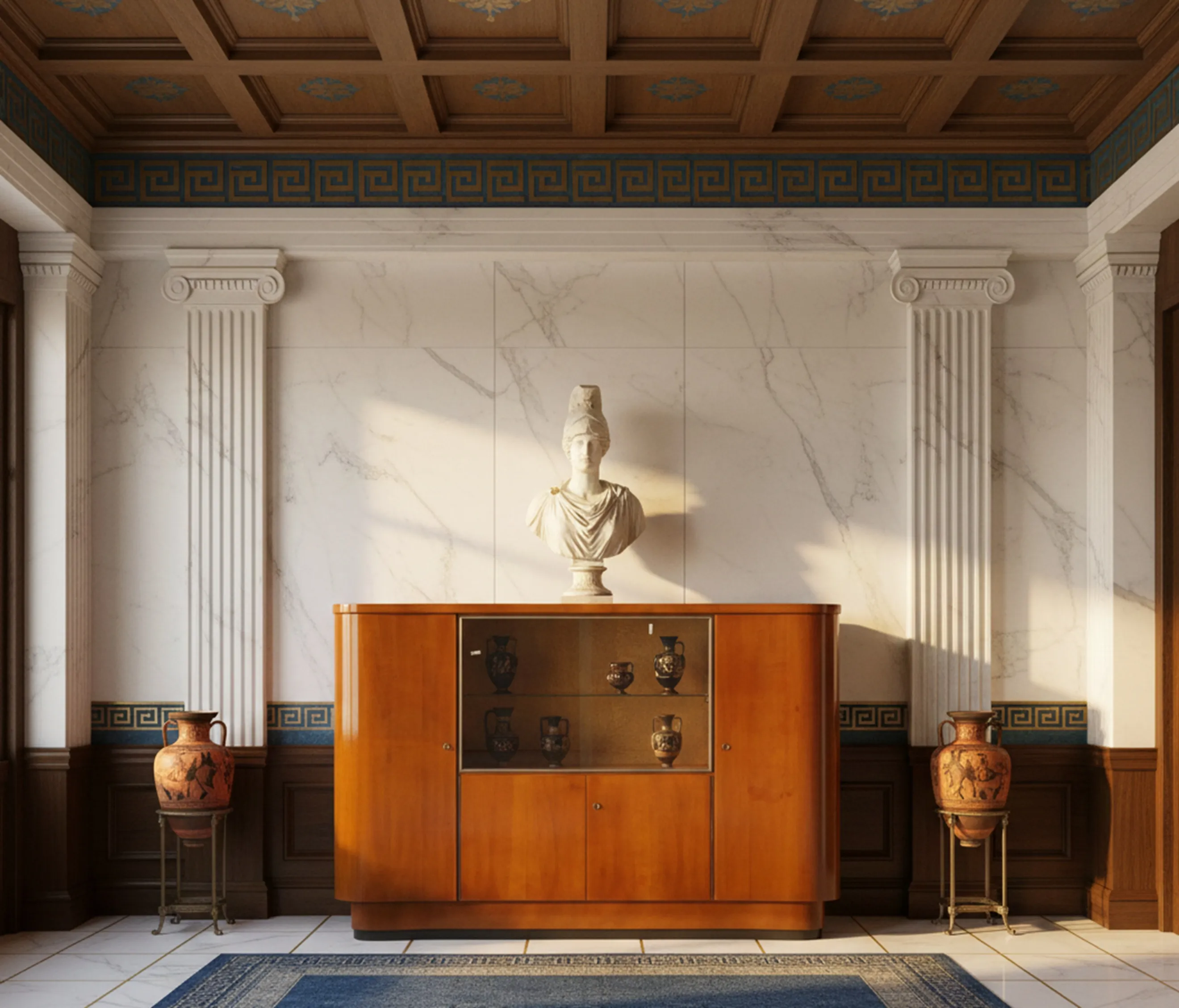 Antiker Cocktailschrank mit Glastüren, dekoriert mit Säule und Büste in einem eleganten Ambiente.