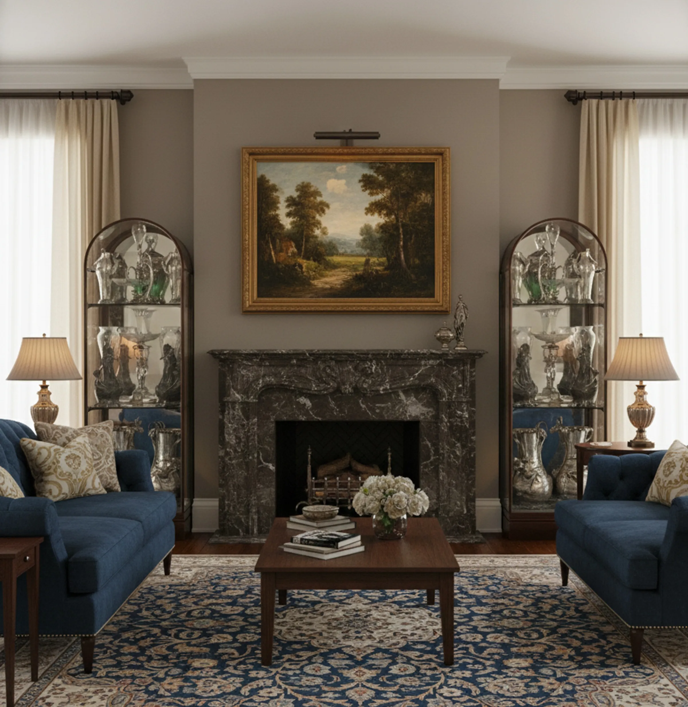 Antique display cabinets with decorative items in an elegant living room