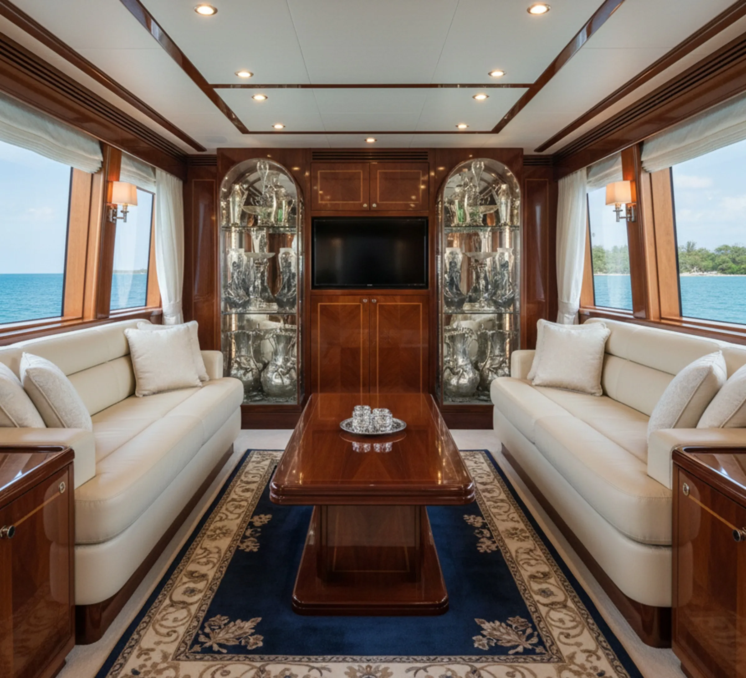 Античные витрины в элегантной гостиной с диваном и декором