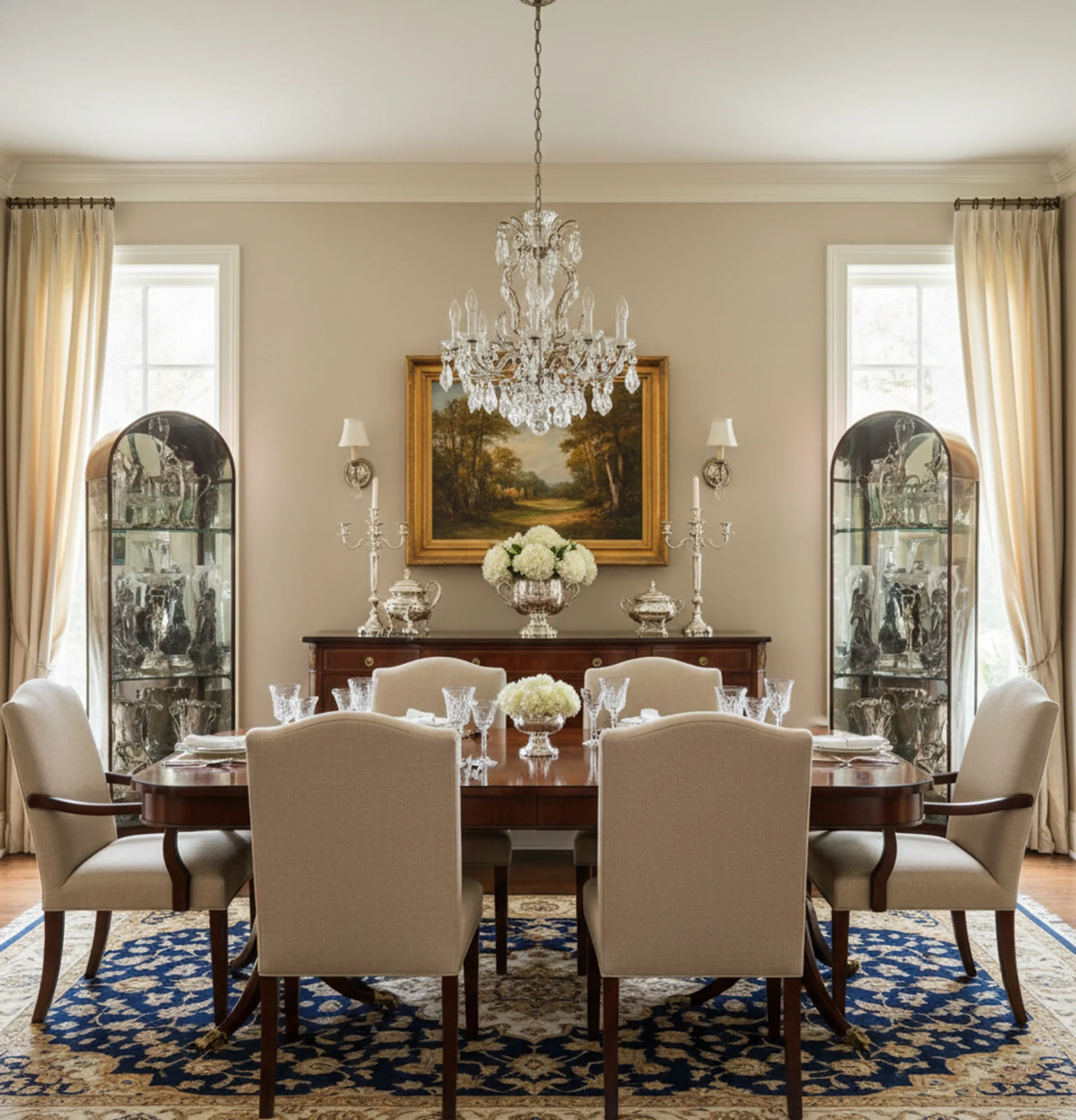 antique display cabinets with classic decor and candlesticks