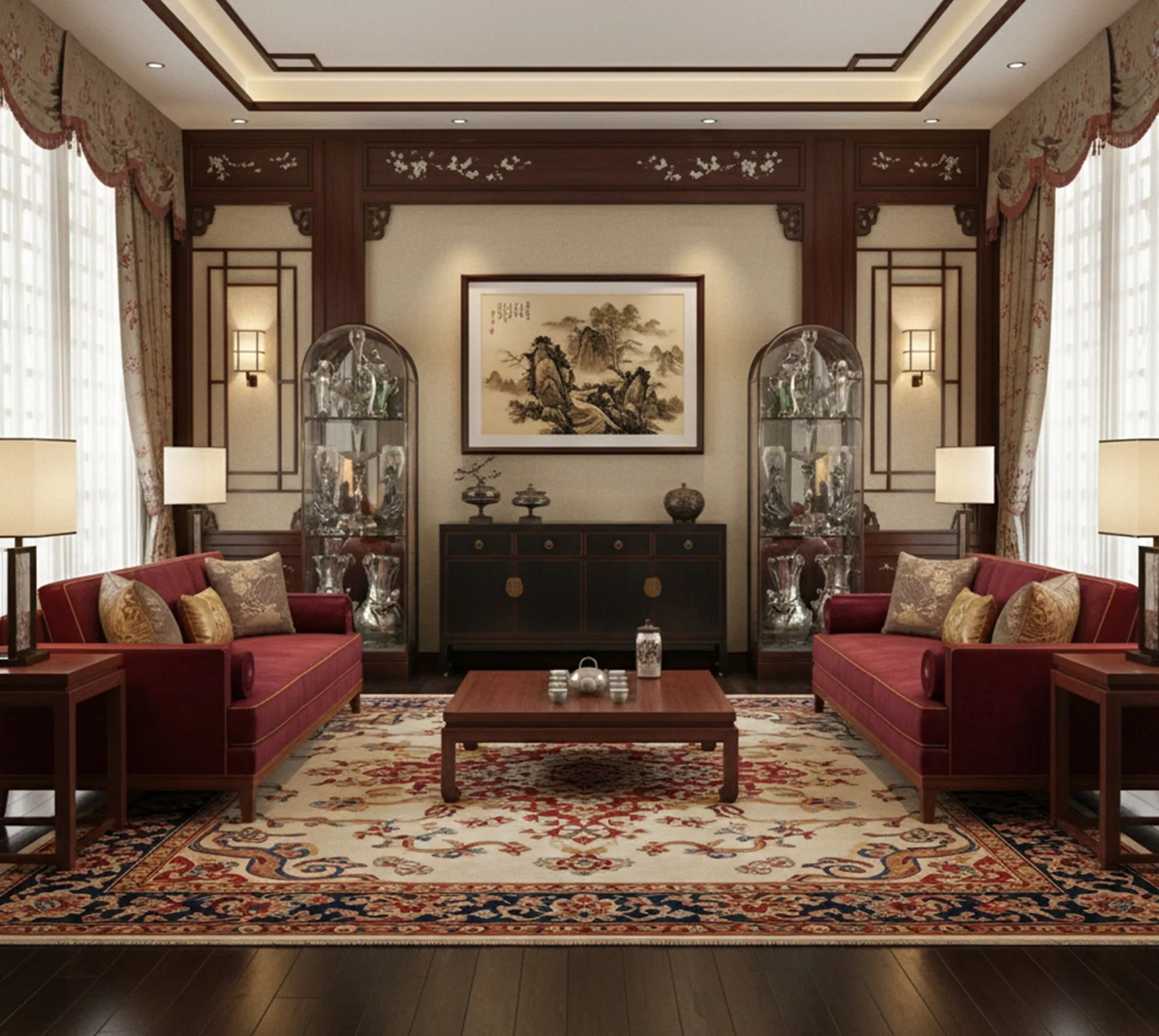 Deux vitrines antiques décorant un salon élégant et accueillant