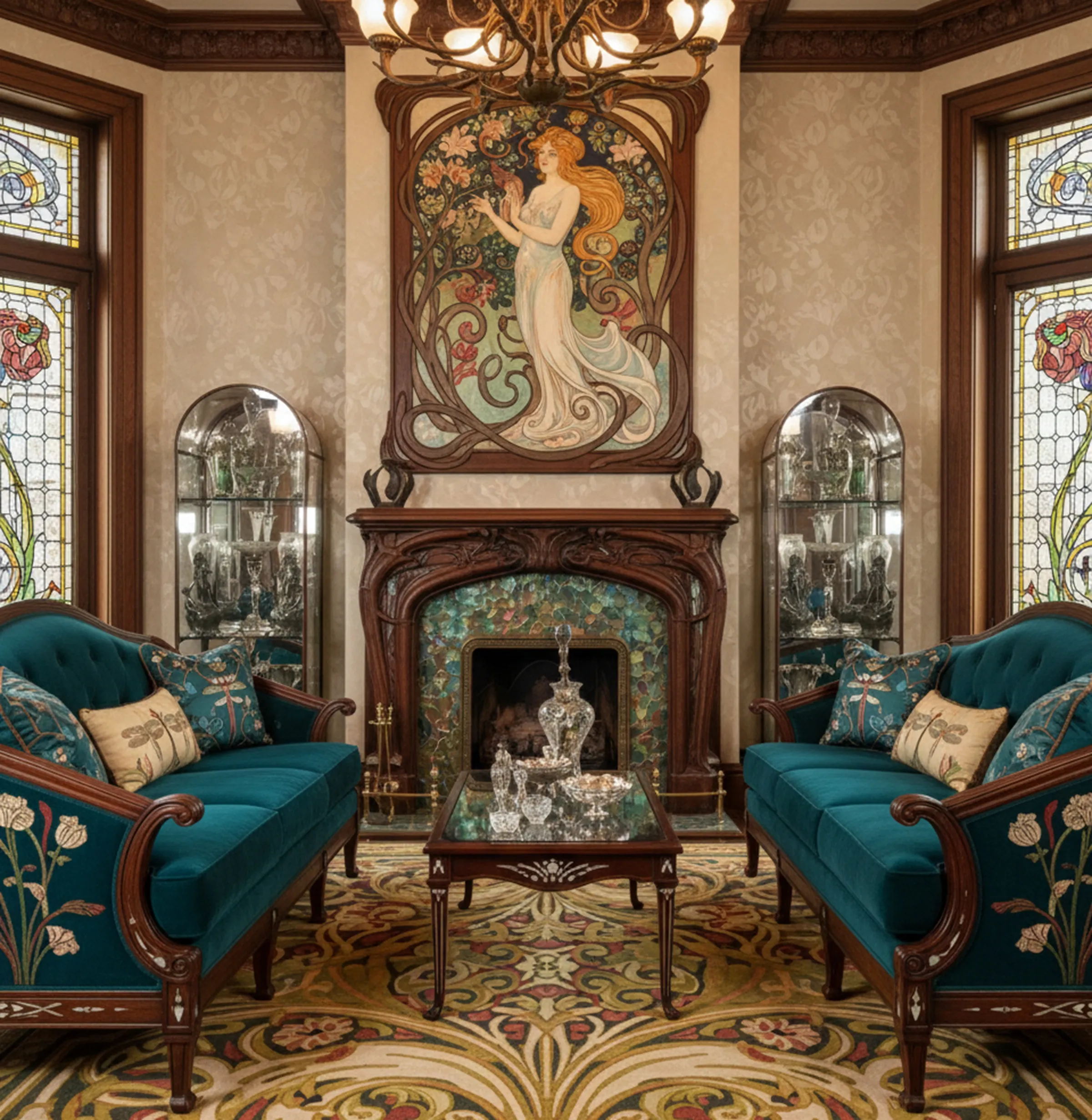 两件古董展示柜，位于精致的客厅之中，细节优雅