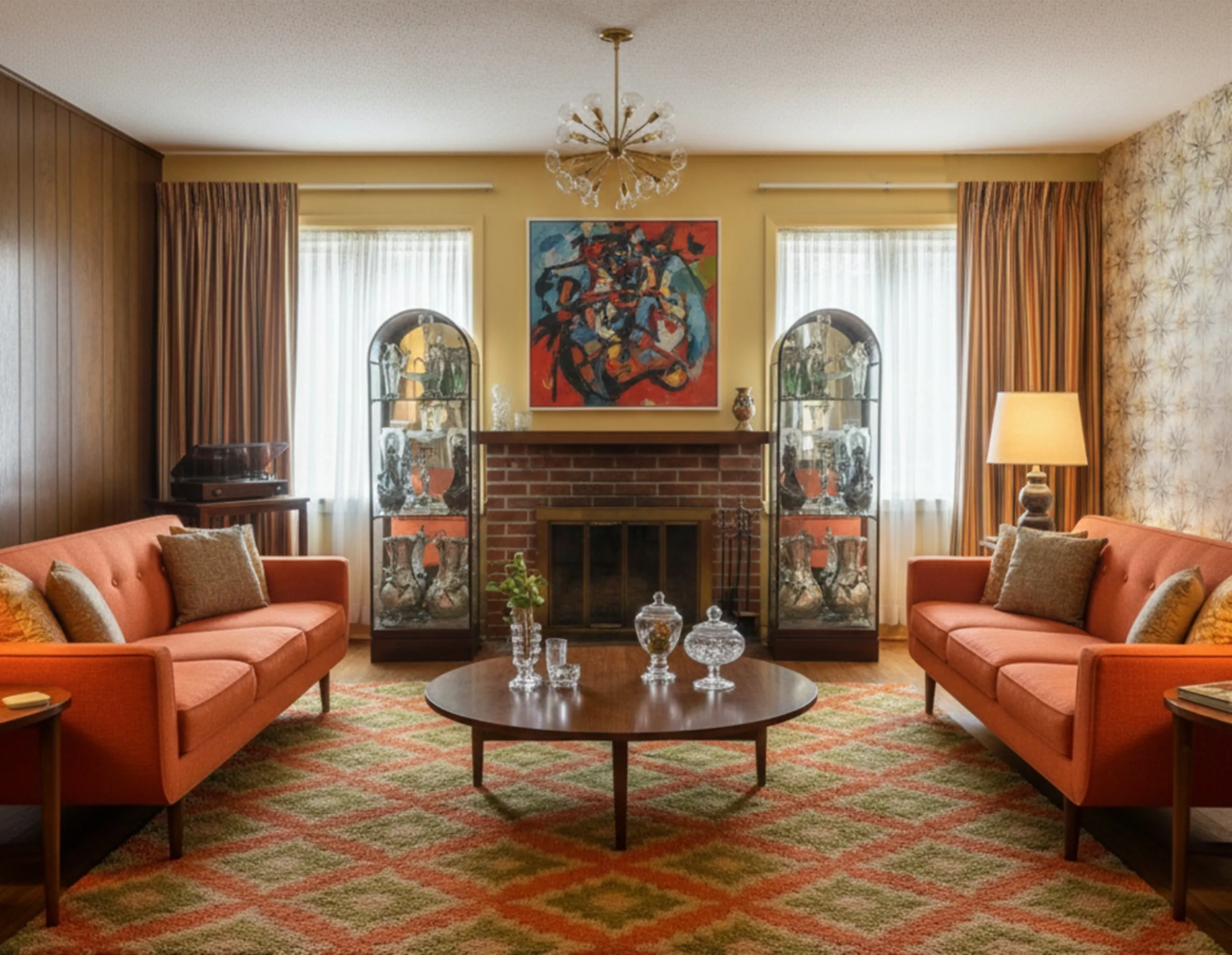 View of 2 antique display cabinets next to an orange sofa in a cozy room with a lamp and colorful rug.