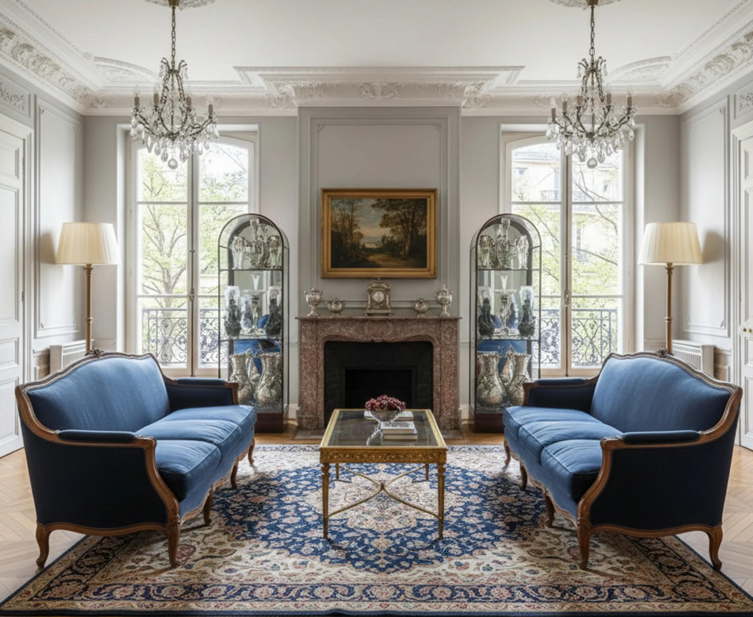 Decorative antique display cabinets in an elegant setting with sofas