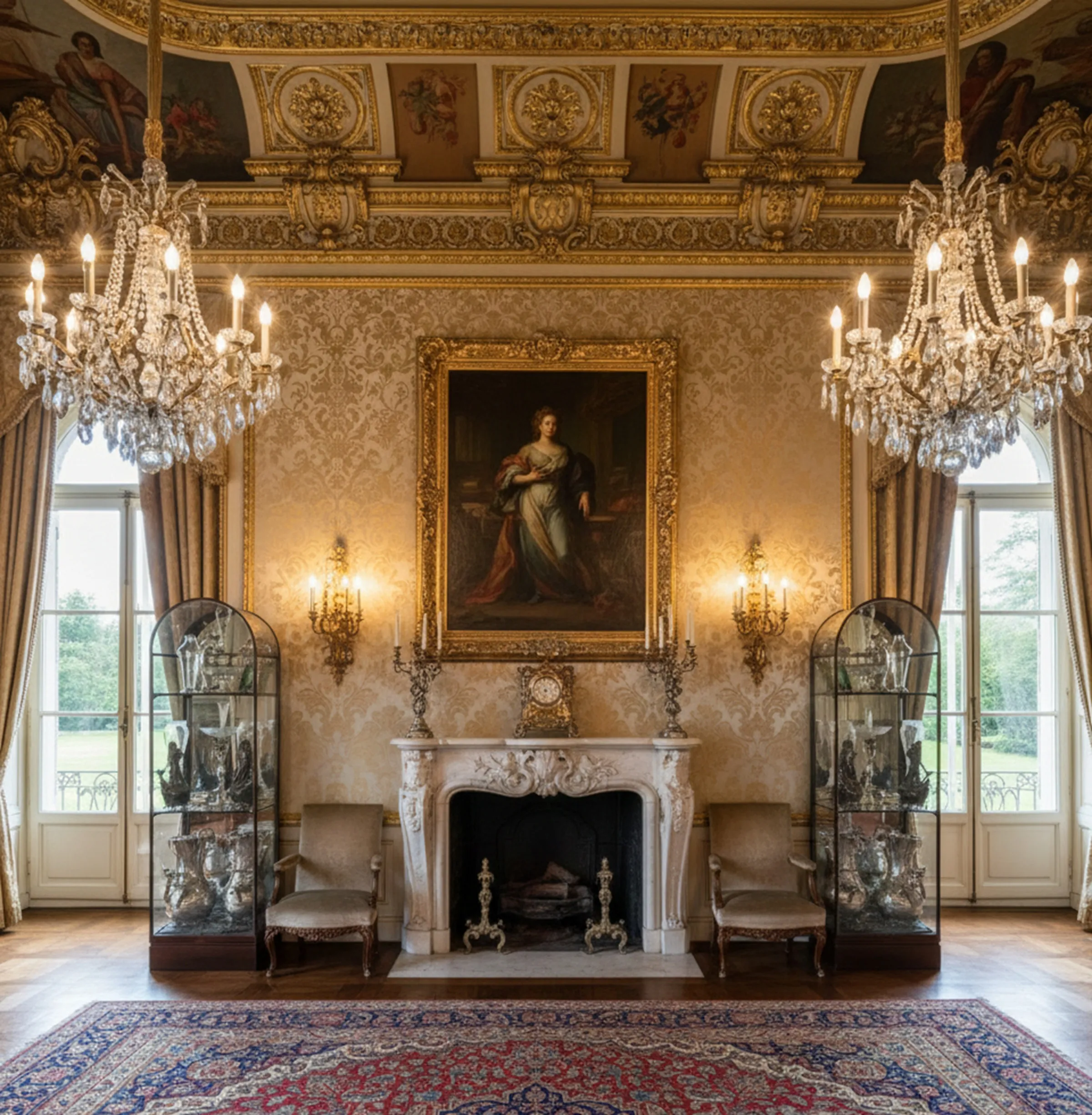 Due vetrine antiche in una stanza decorata con lampadari e un quadro