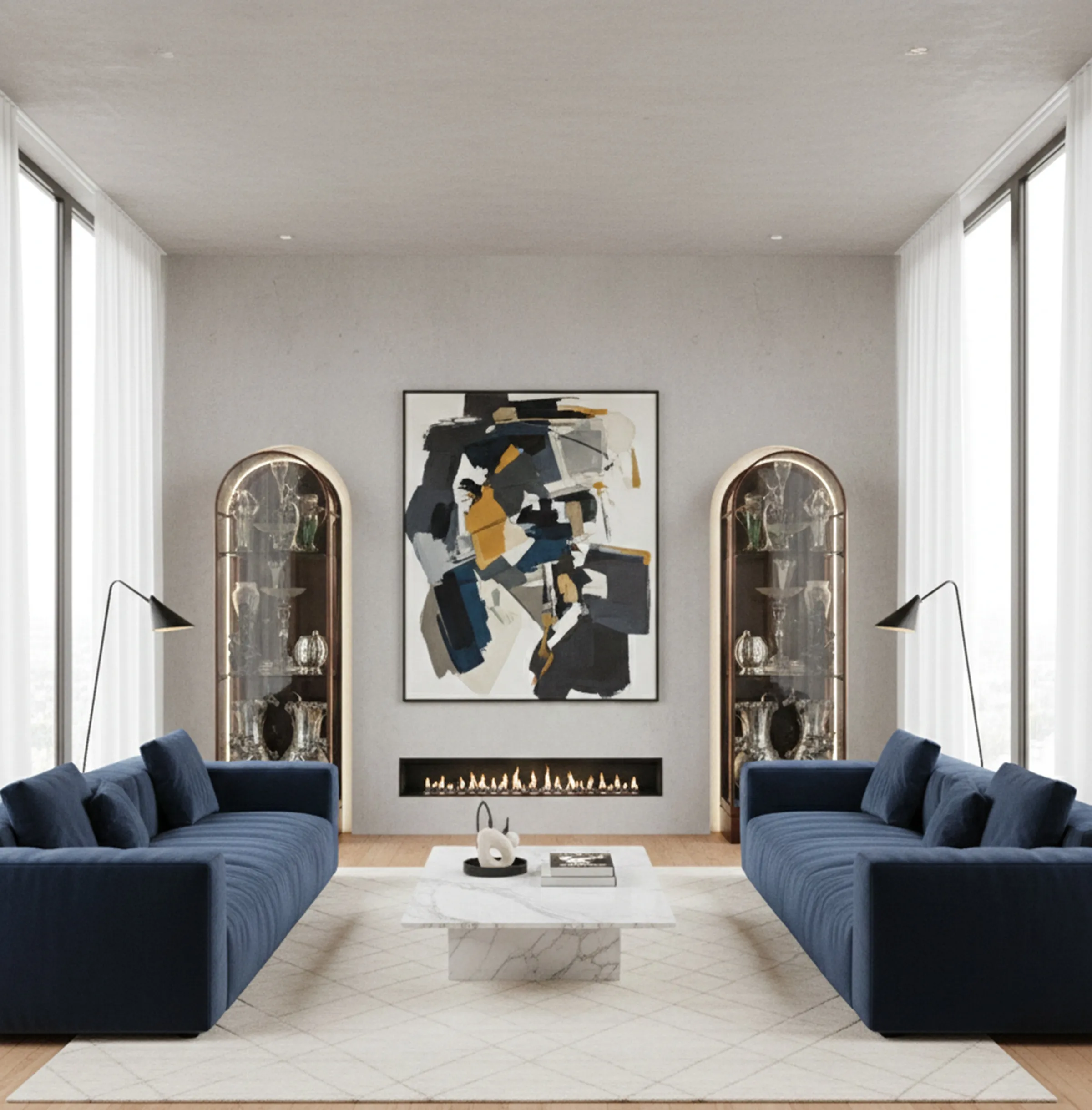 Duas vitrines antigas em uma sala moderna, exibindo itens decorativos em um ambiente elegante.