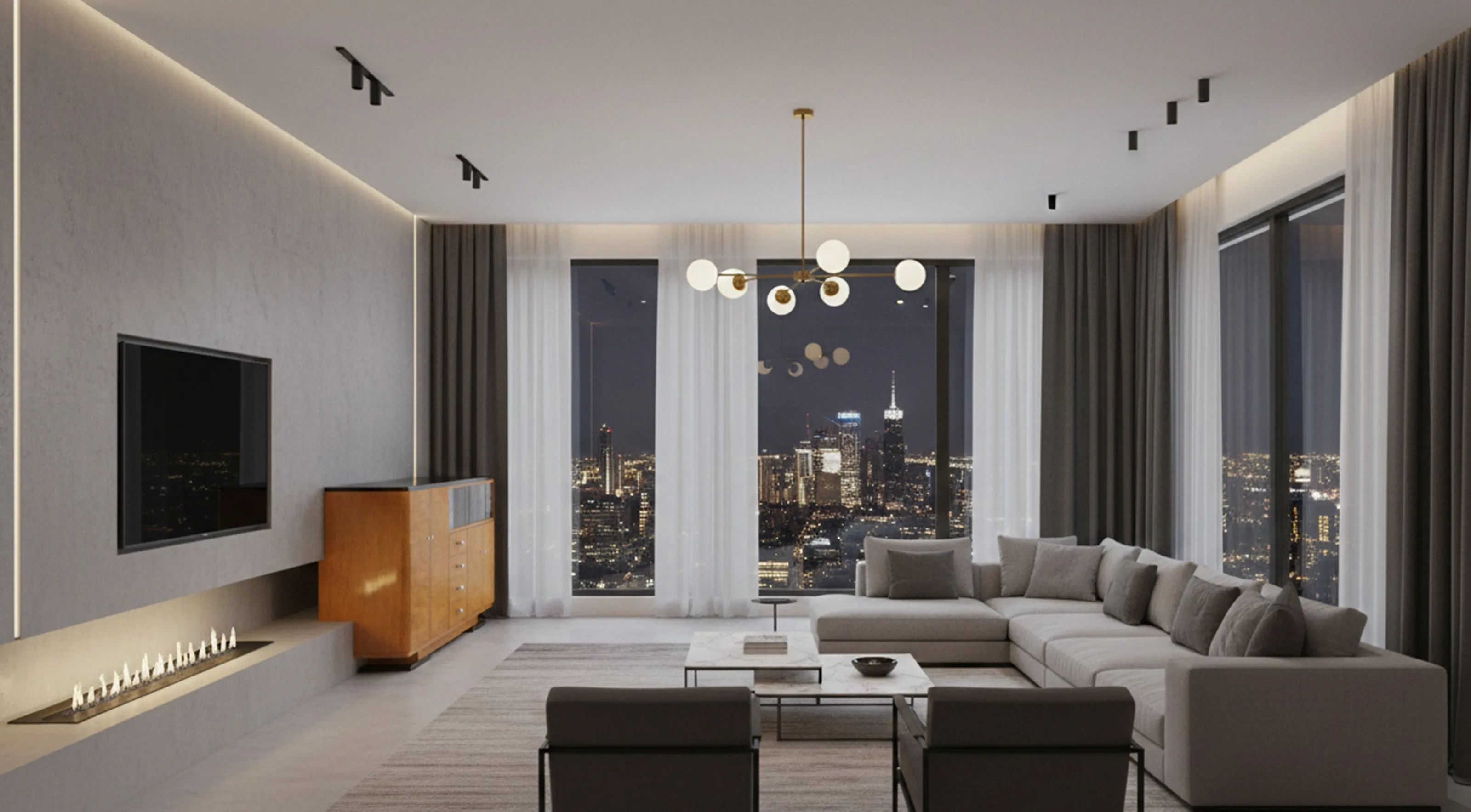 Credenza antica in una stanza moderna con vista sulla città.