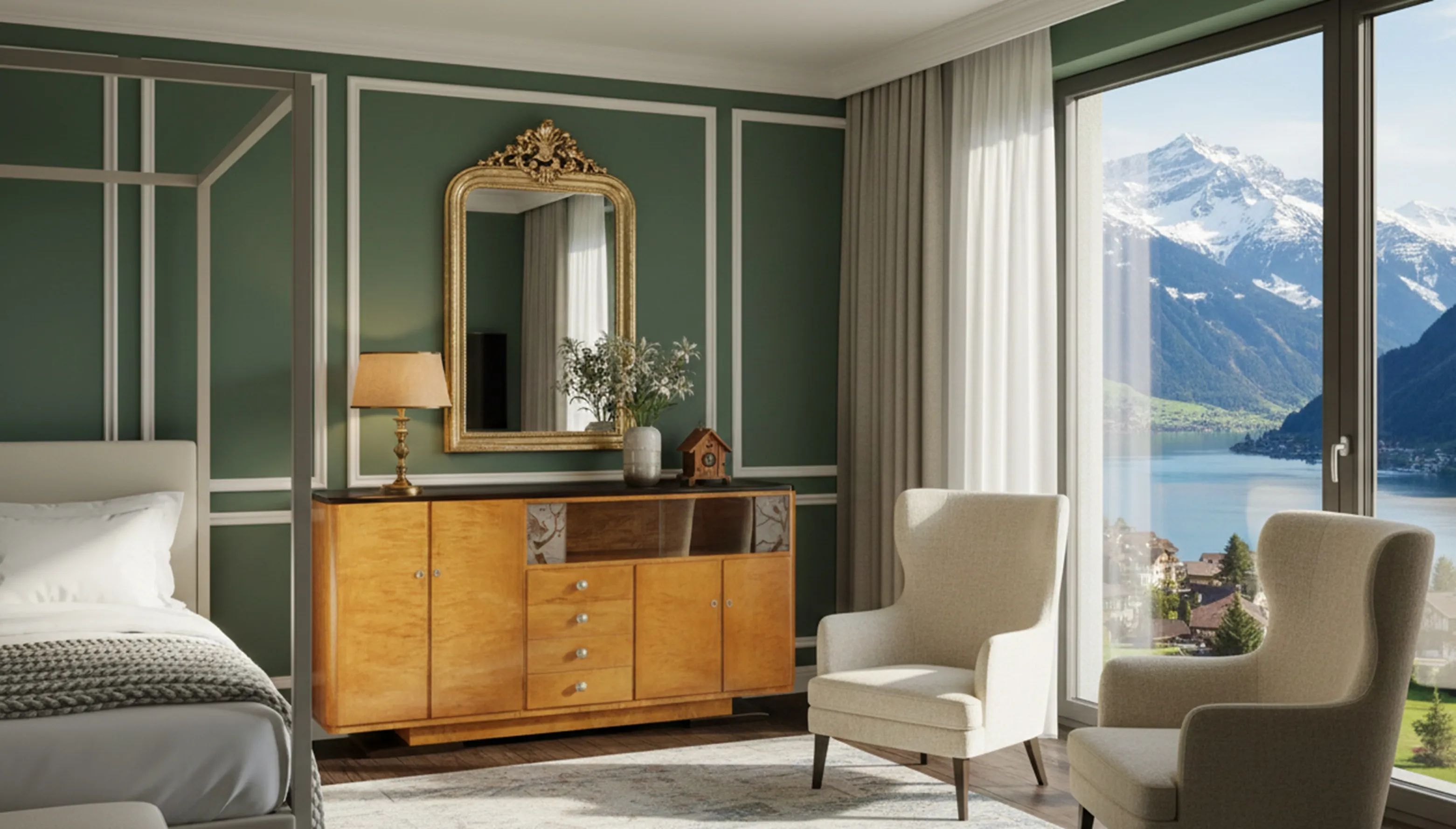 antike anrichte in eleganter wohnung mit goldenem spiegel