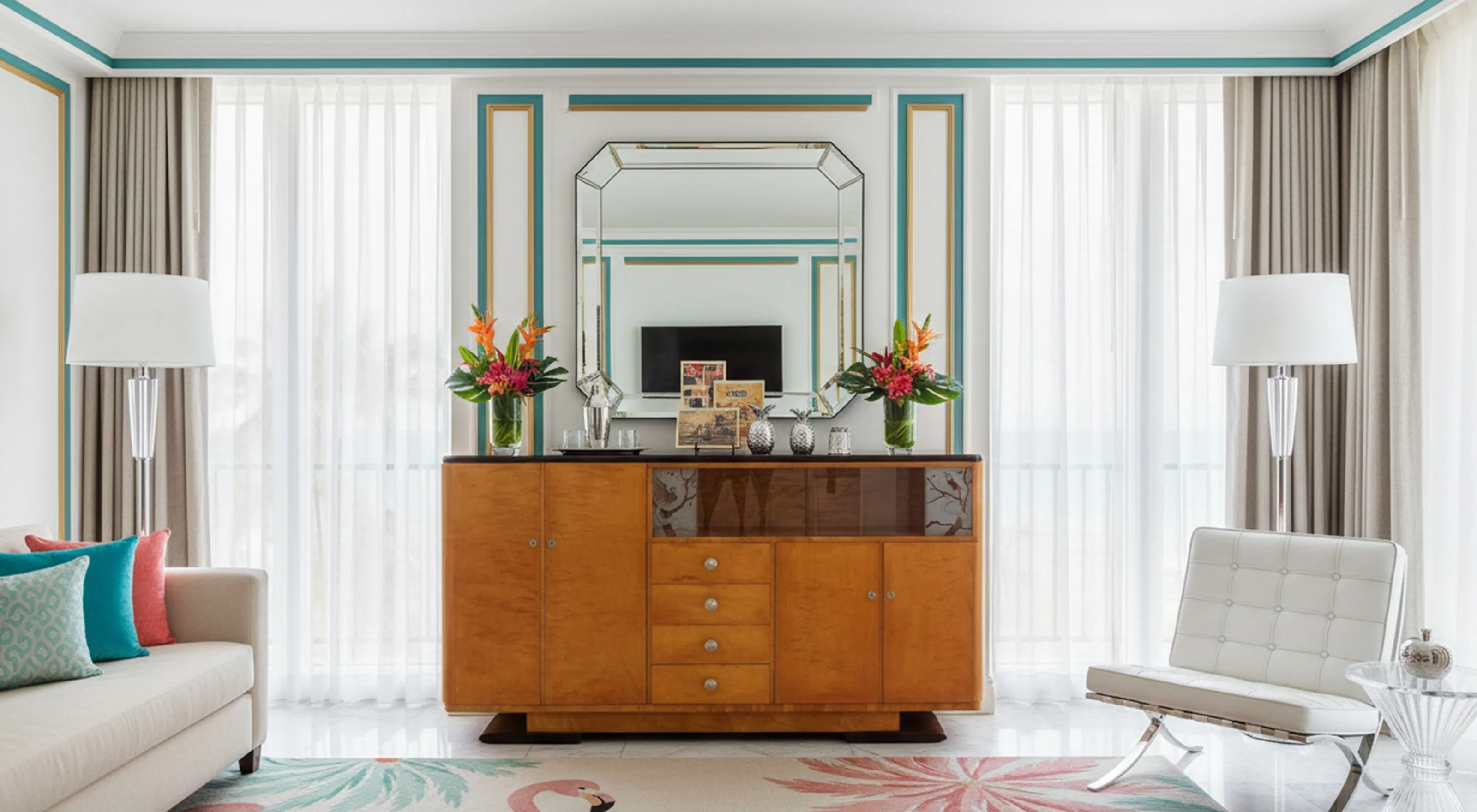 credenza antica elegante in un soggiorno moderno con fiori