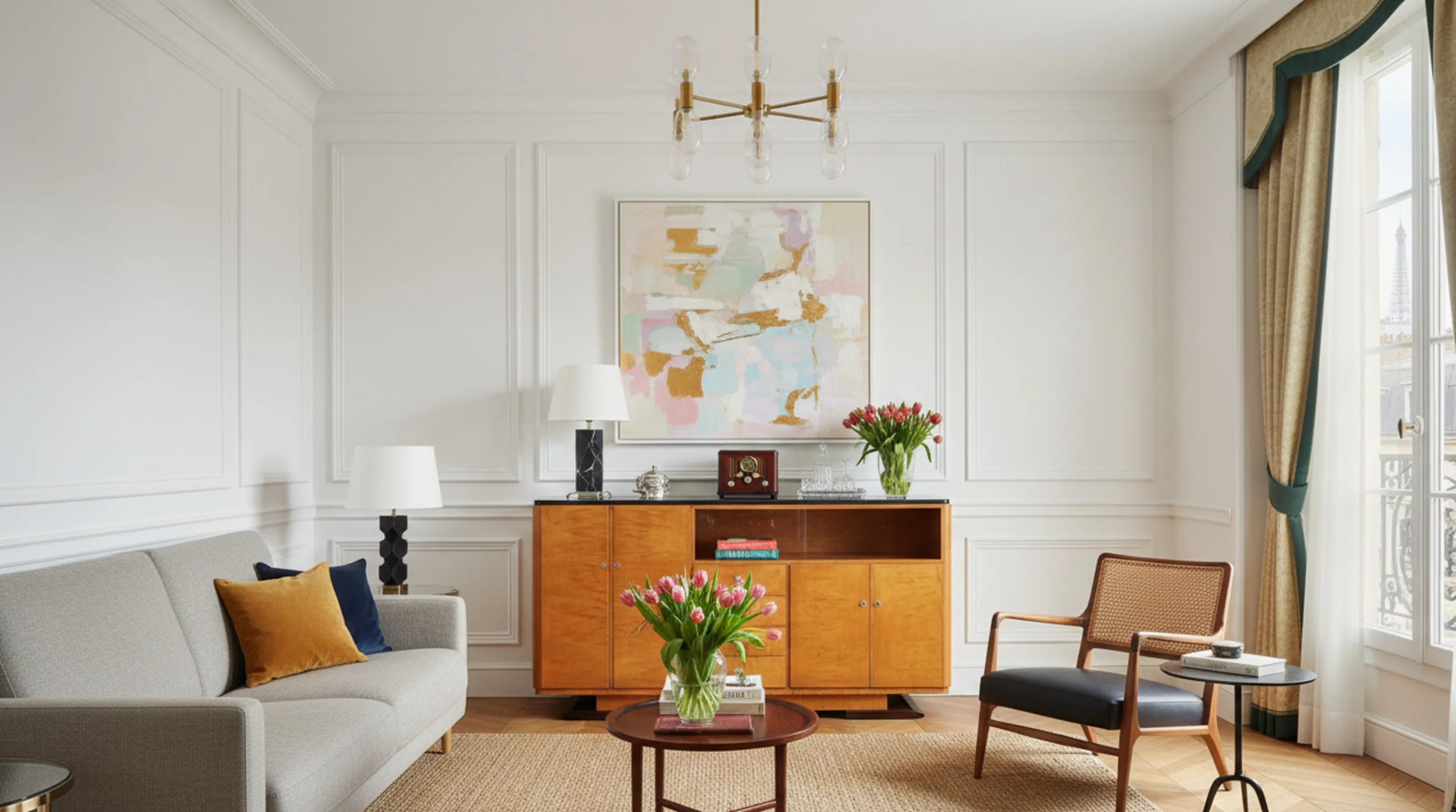 vaisselier ancien avec décoration de fleurs roses