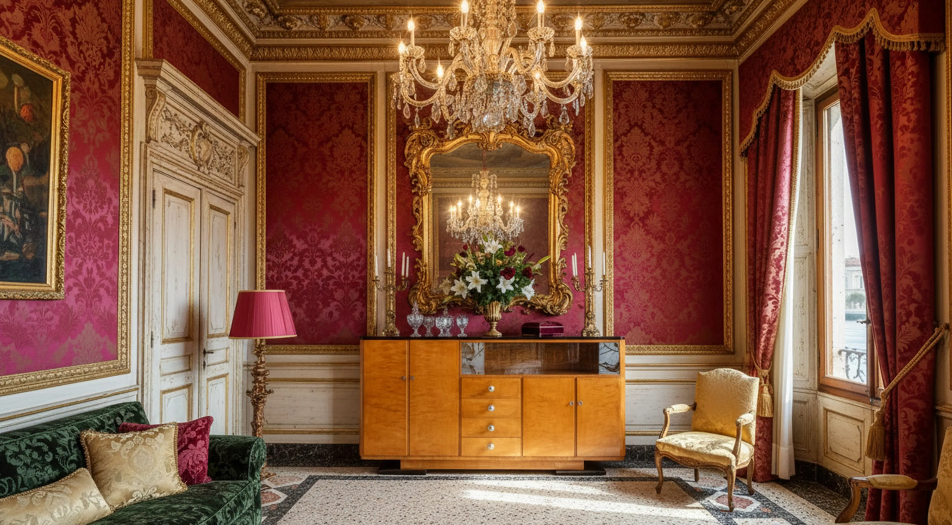 Vaisselier ancien dans une salle avec des murs rouges et dorés