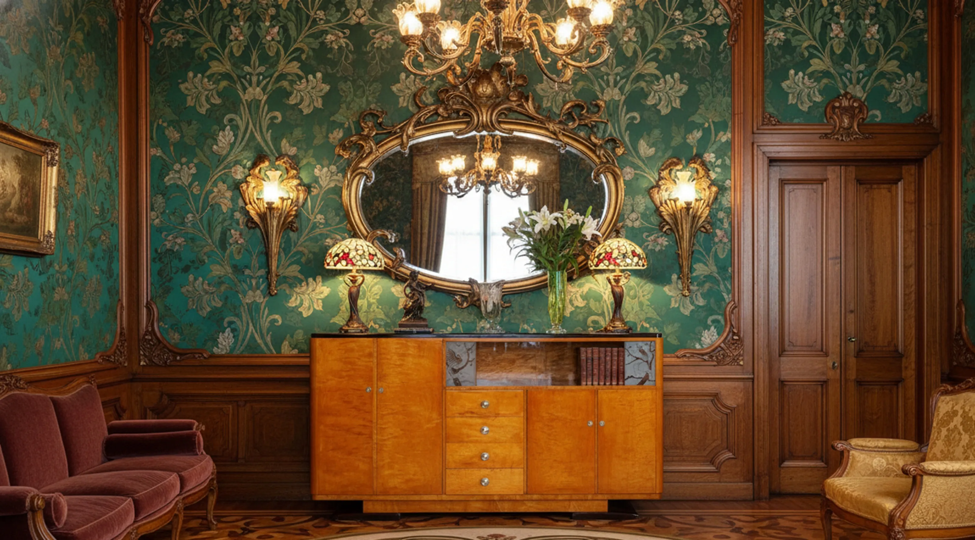 credenza antica con fiori e lampade decorative in un ambiente classico