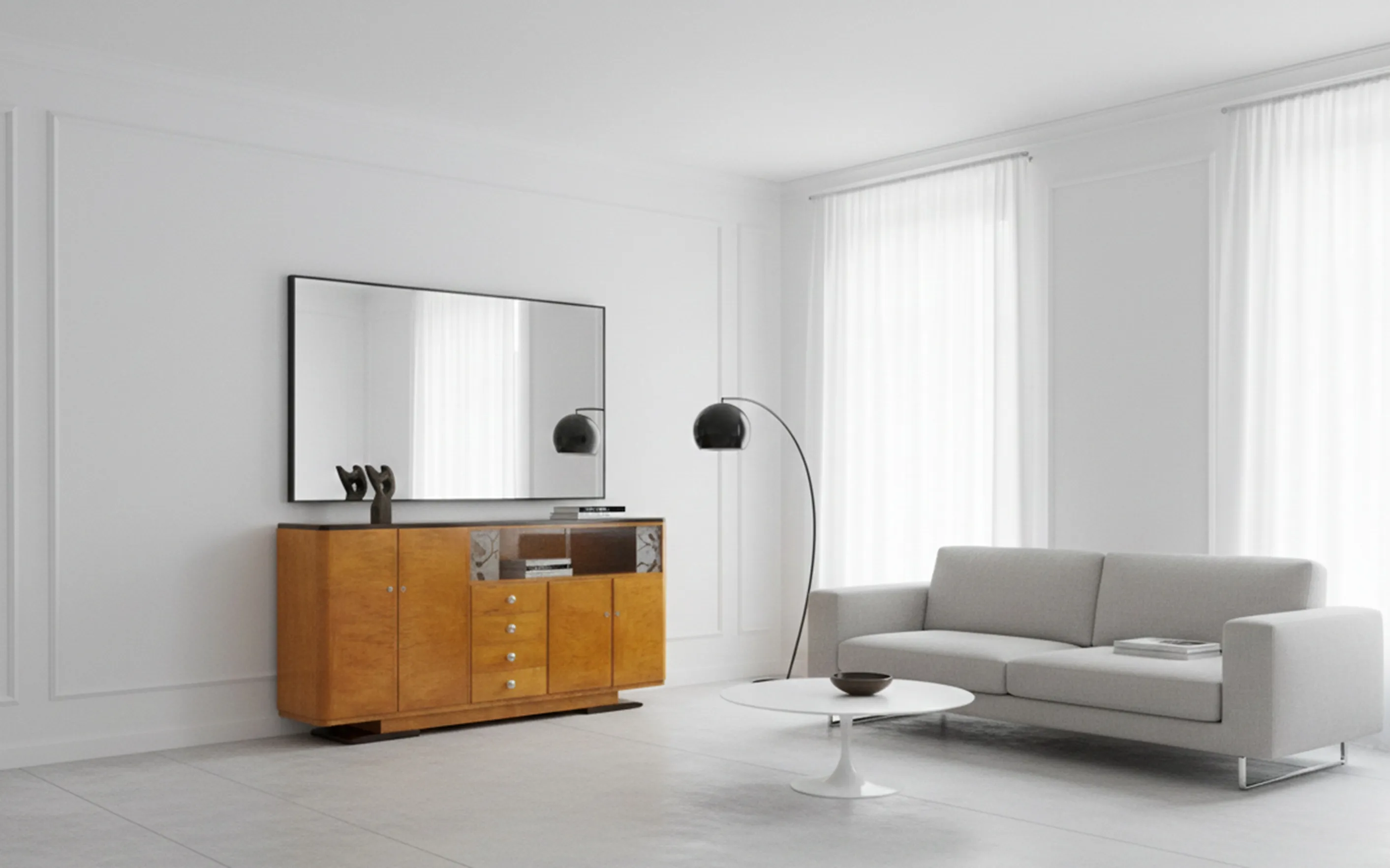 credenza antica chiara in sala moderna con divano grigio