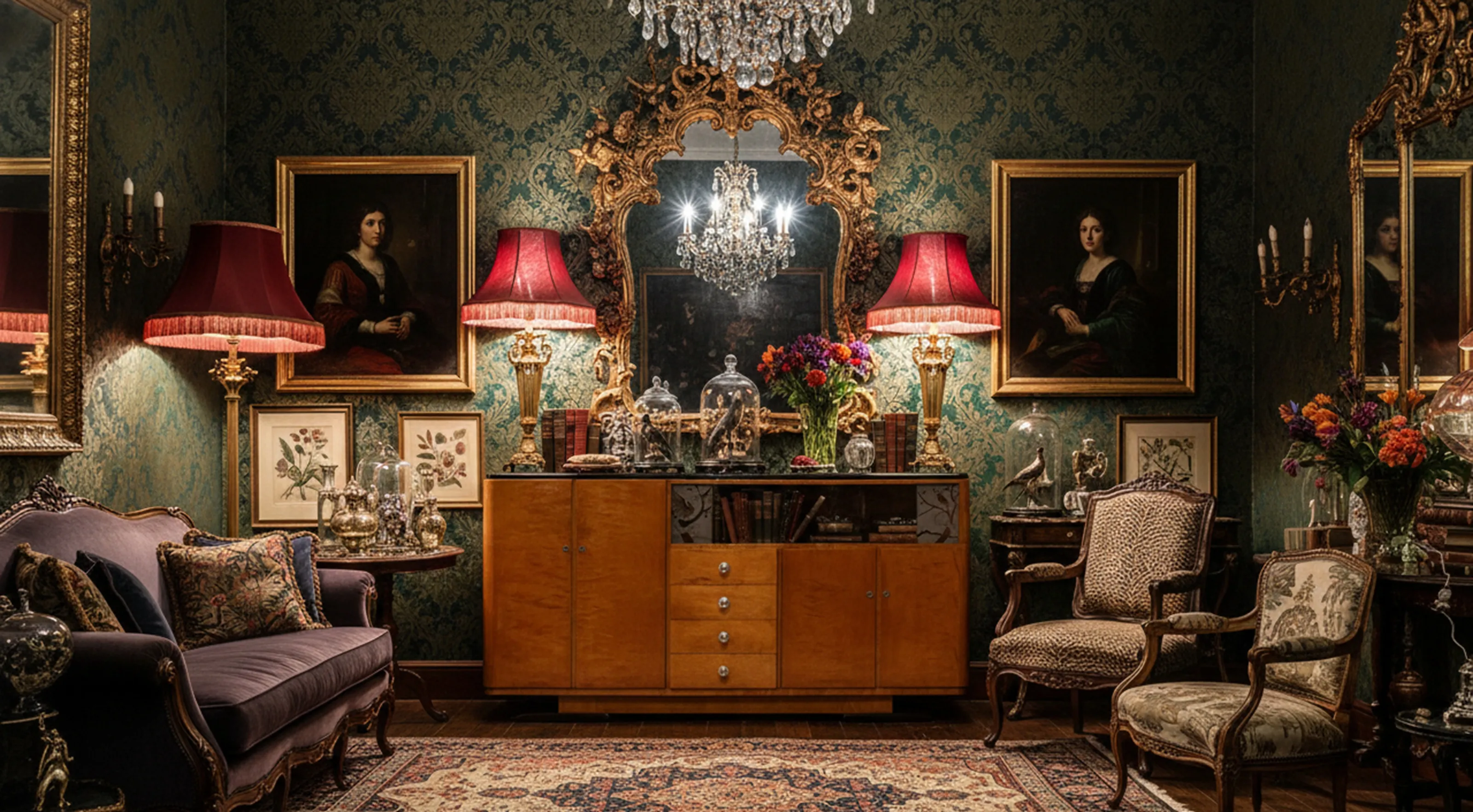 credenza antica adornata con fiori e accessori in un ambiente elegante