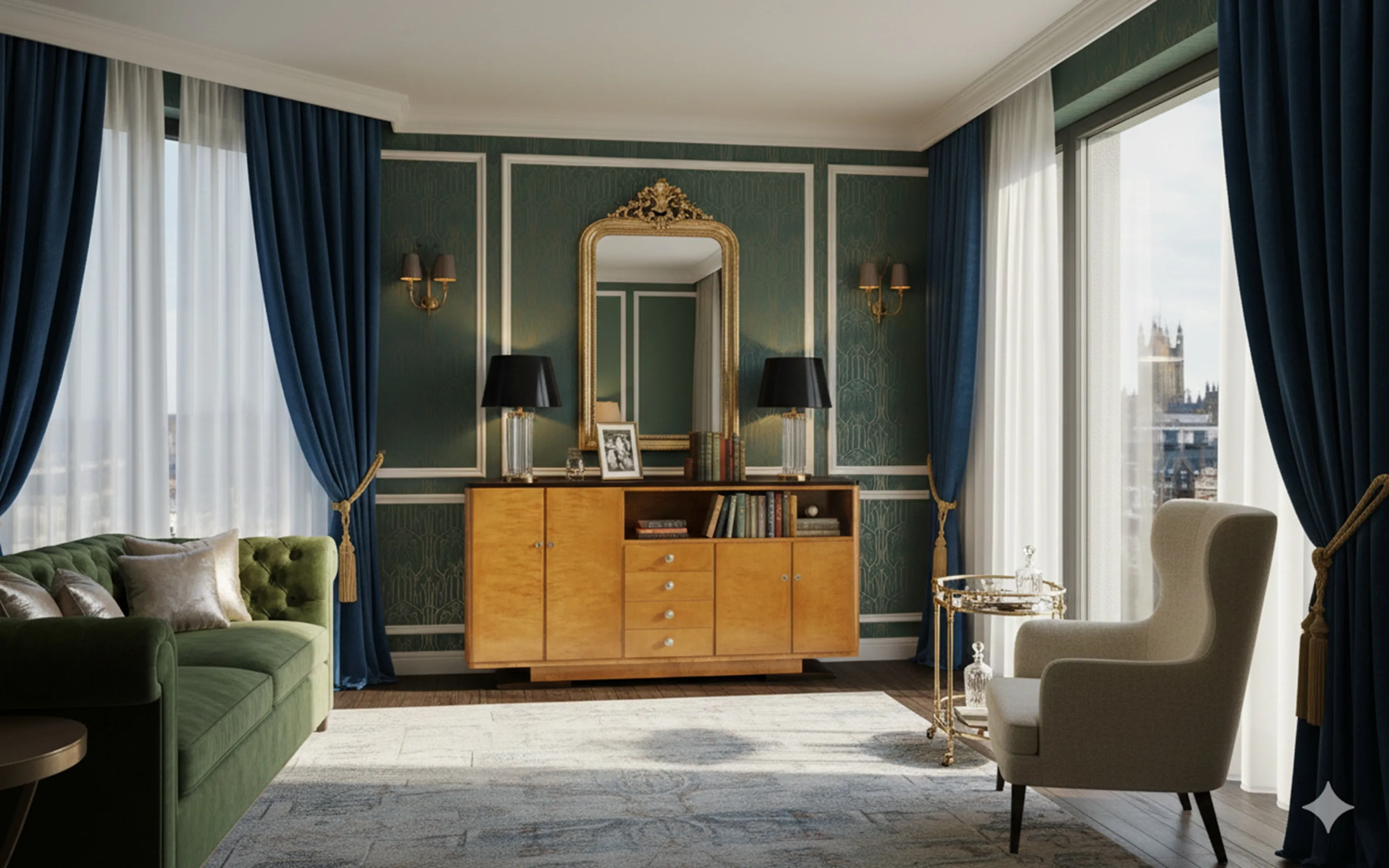 bibliothèque ancienne avec des livres décoratifs et un miroir