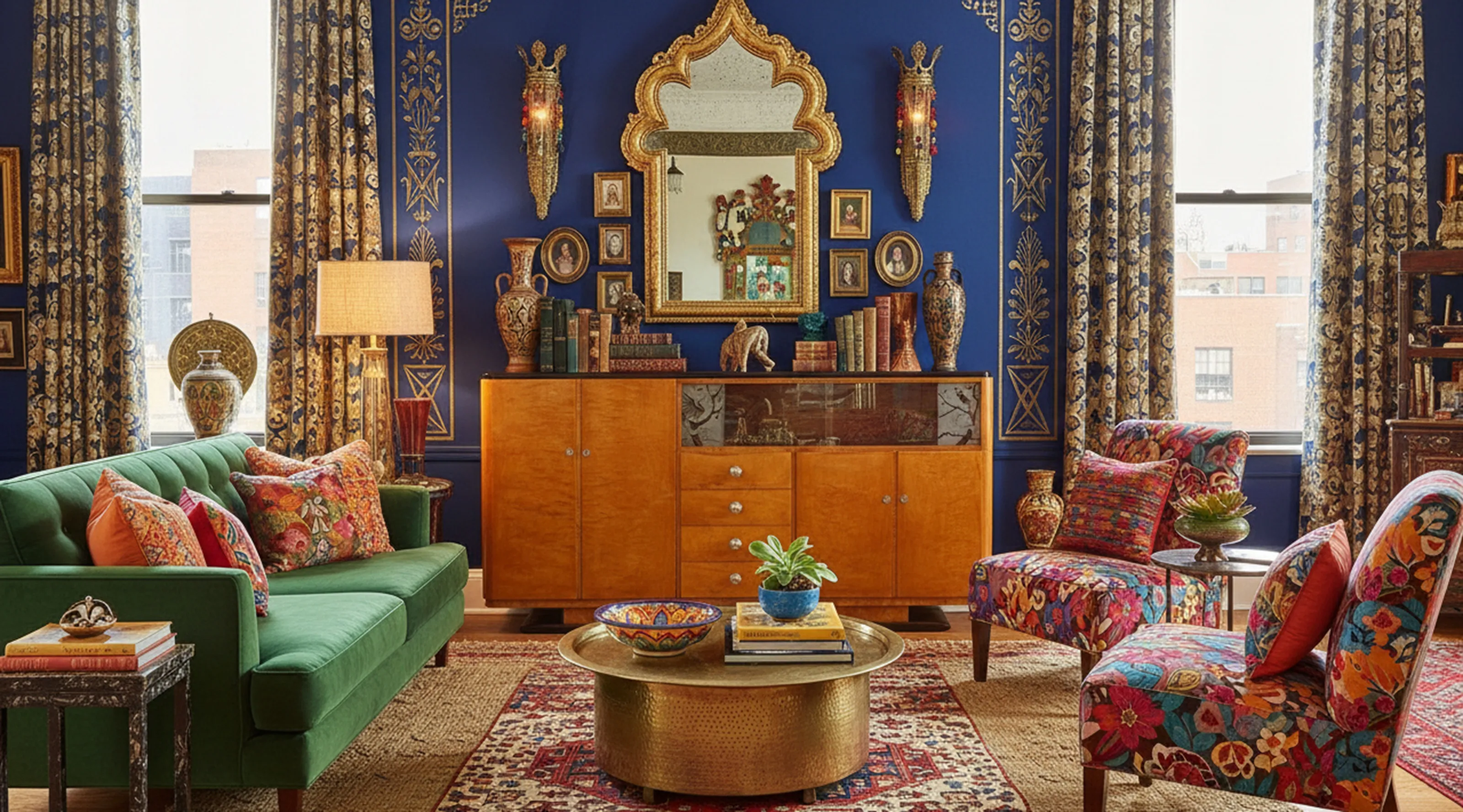 Biblioteca antigua con libros y decoración colorida, junto a un sofá y una mesa.