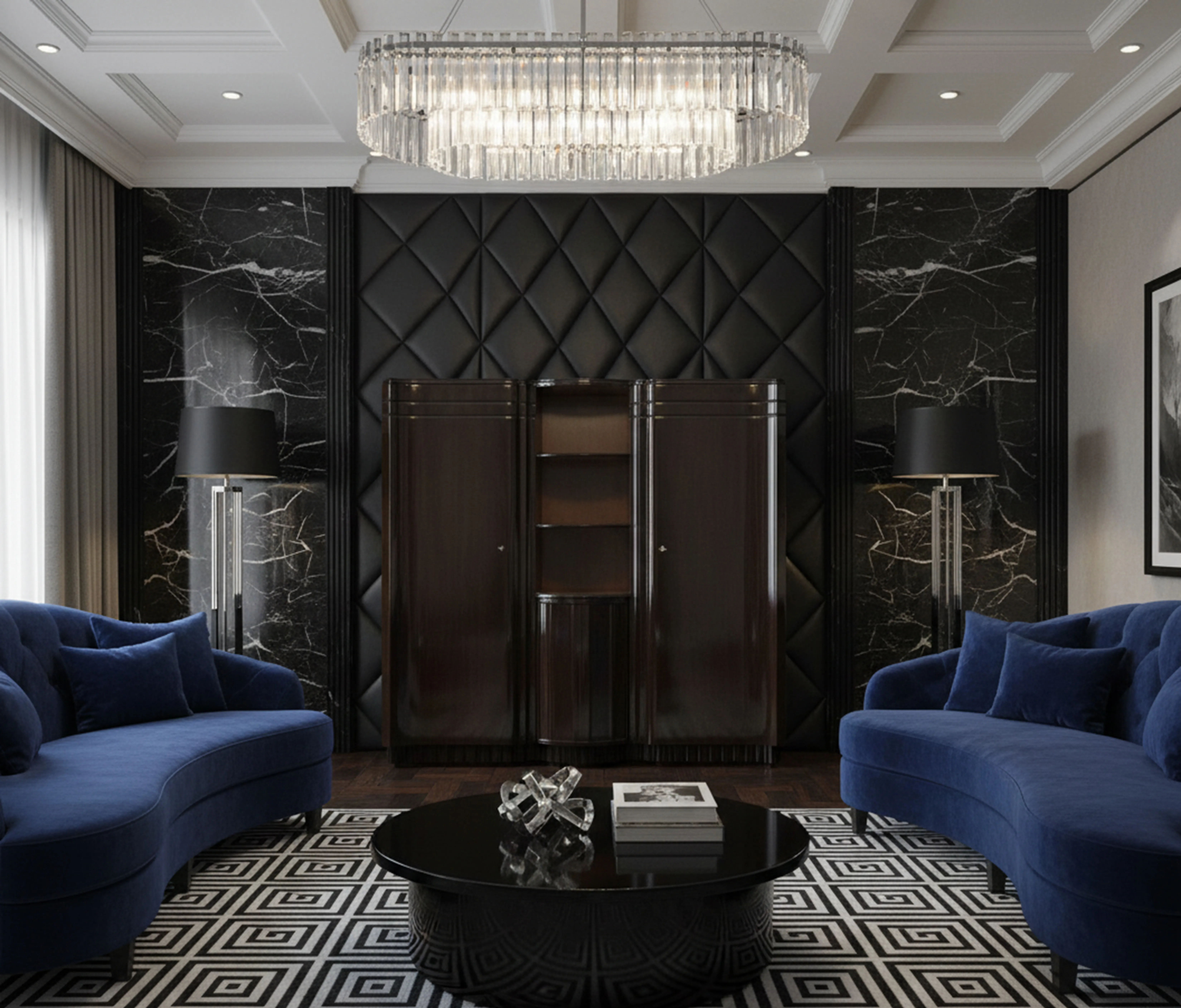 Elegant antique bar cabinet in a modern room with blue sofa.