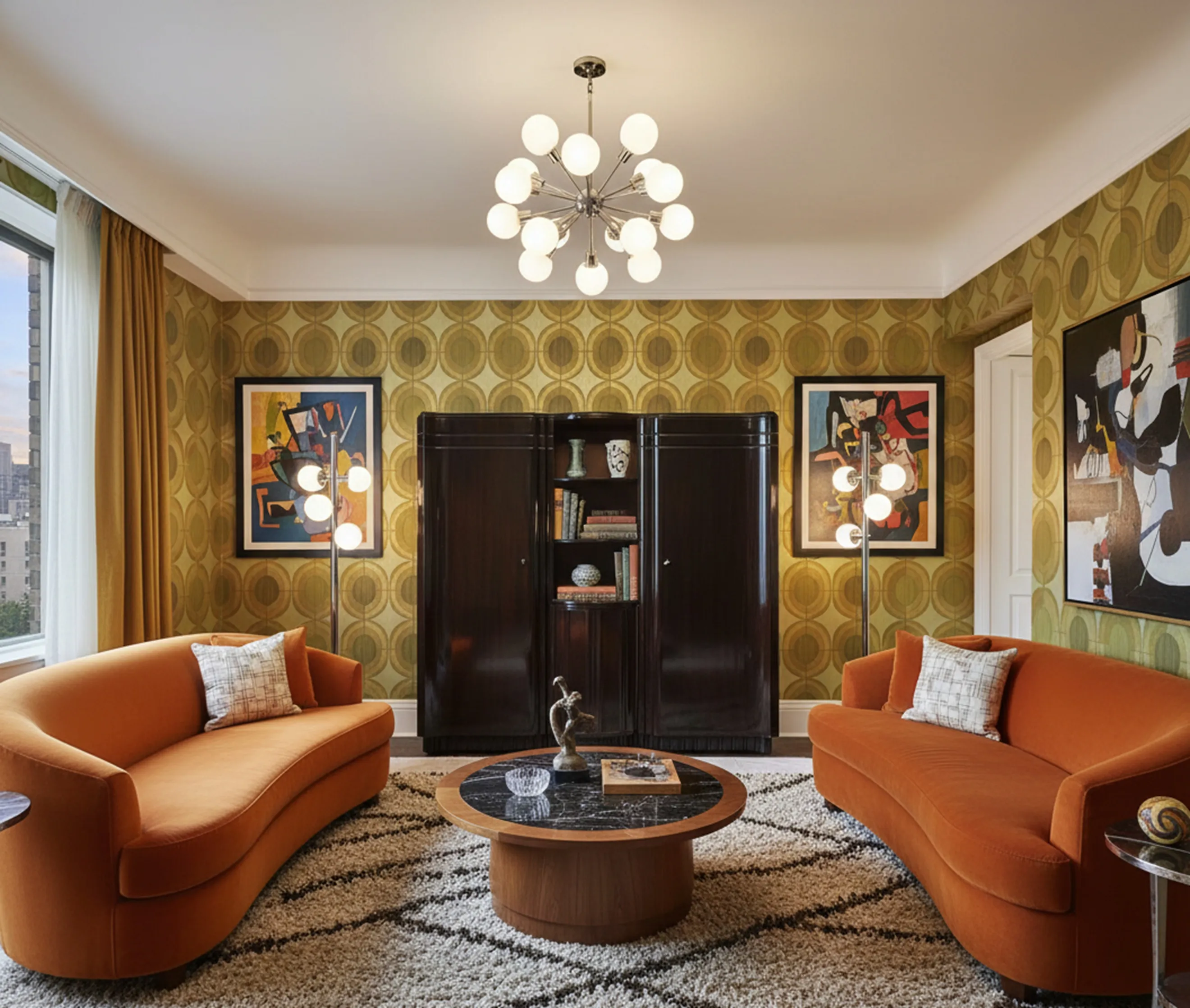 Meuble à cocktail ancien avec étagères et décor élégant dans un salon confortable.