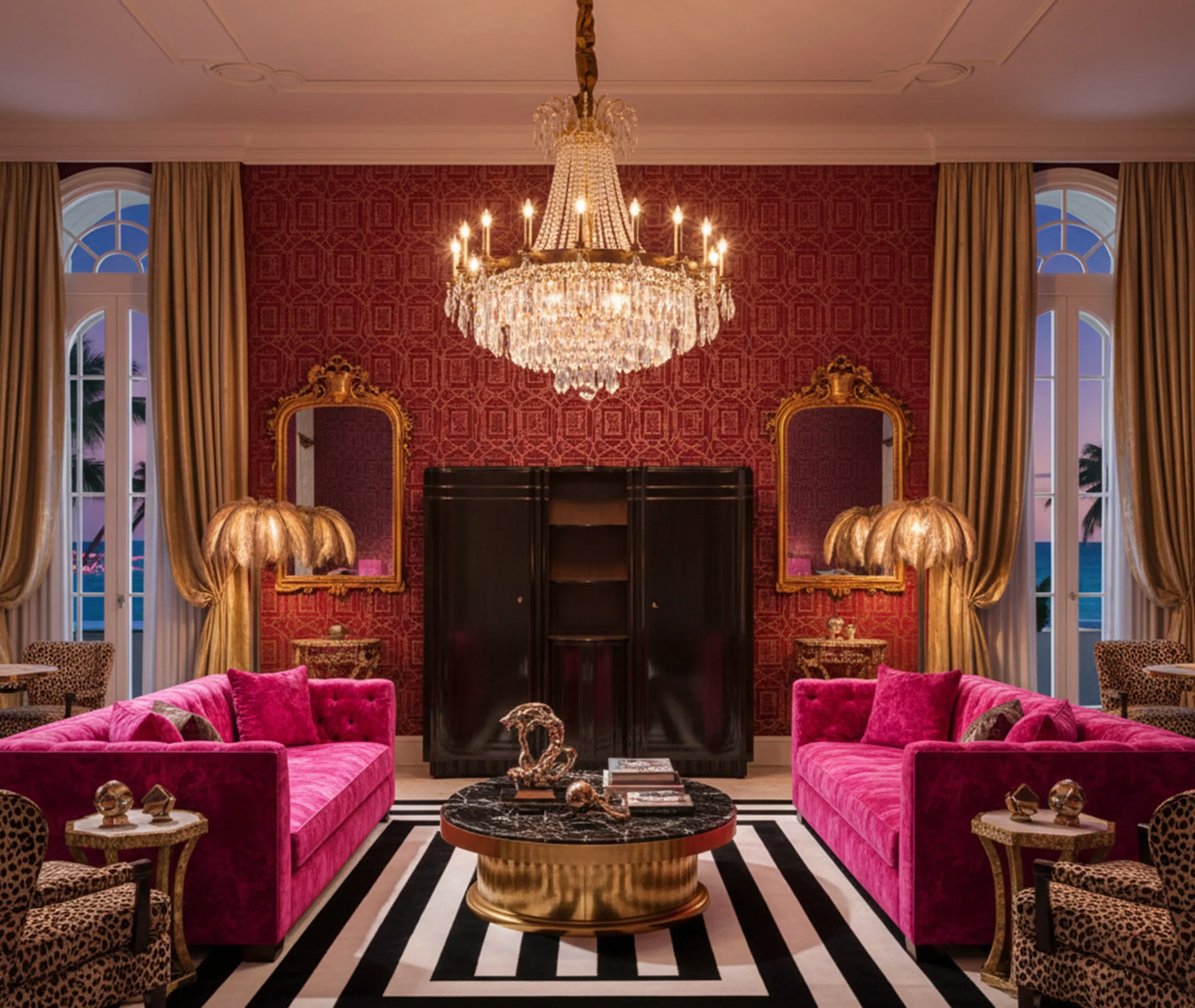 Meuble à cocktail ancien dans un salon élégant avec lustre en cristal et canapés fuchsia