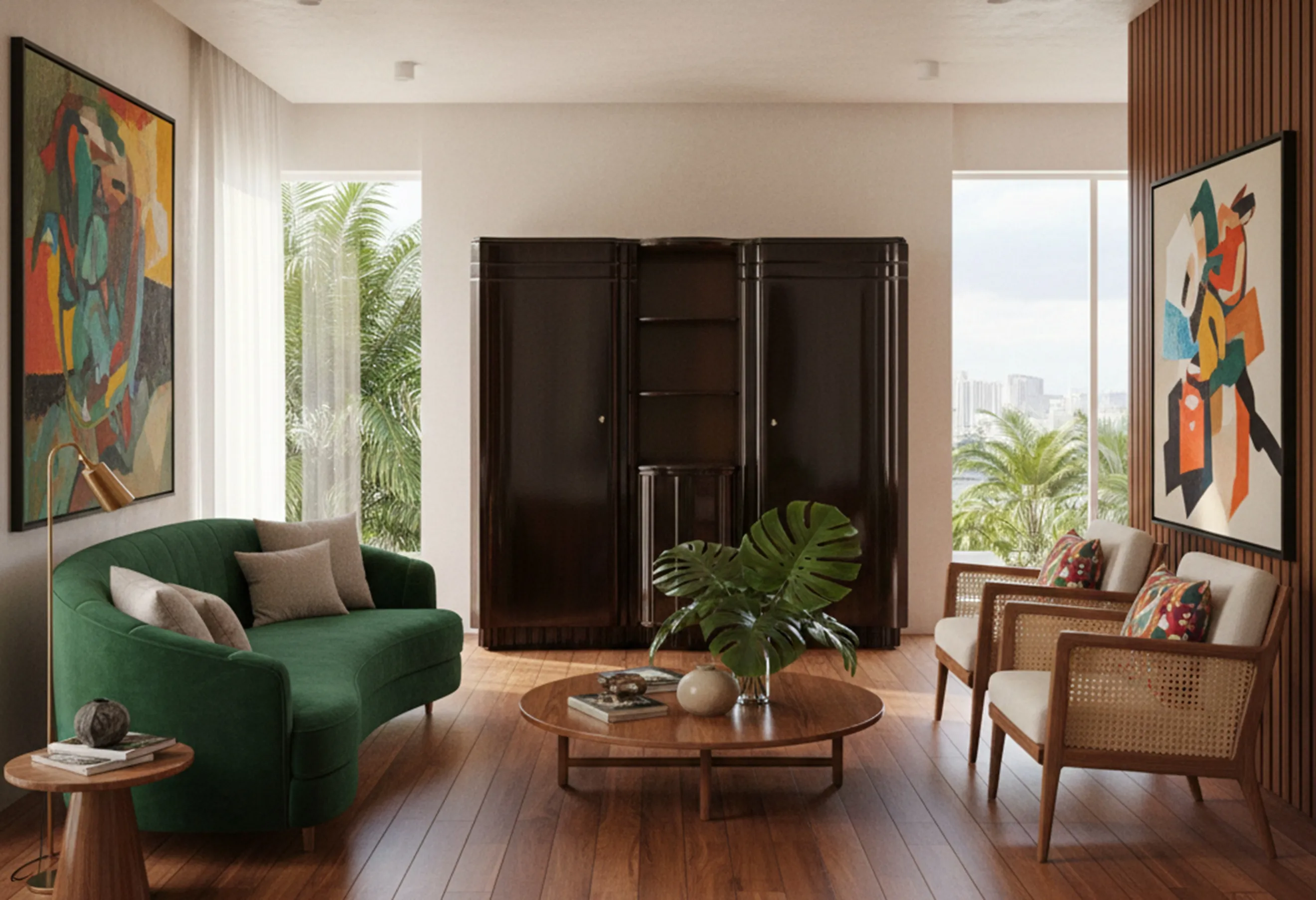 meuble à cocktail ancien dans ton sombre avec décoration moderne dans le salon