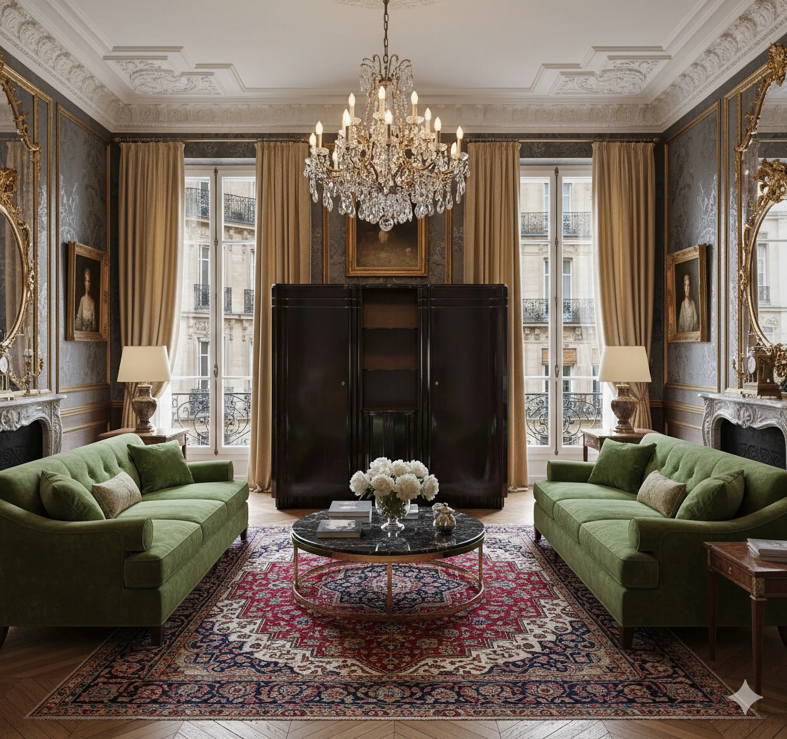 mueble bar antiguo en salón elegante con sofá verde