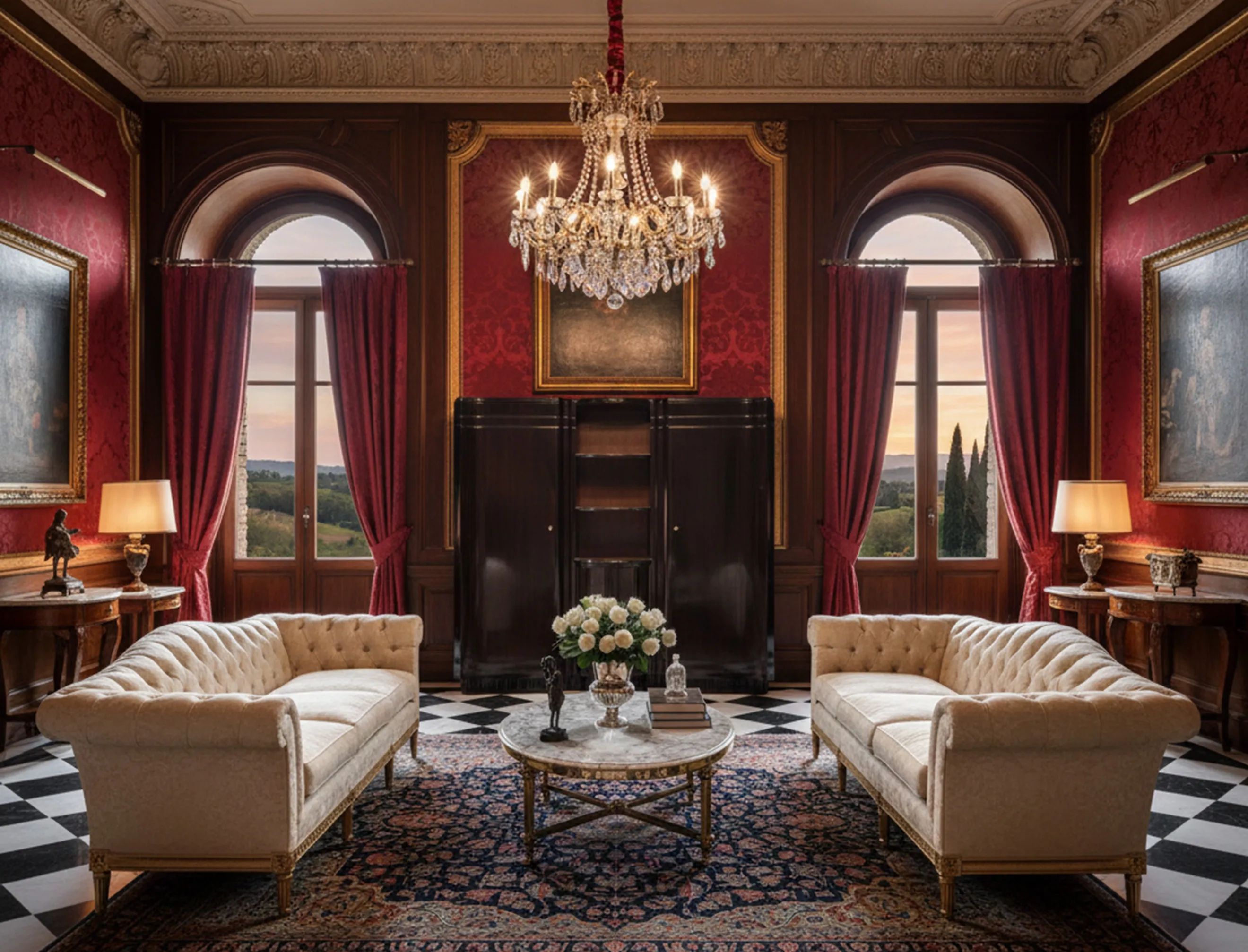 Antique bar cabinet in an elegant setting with red curtains