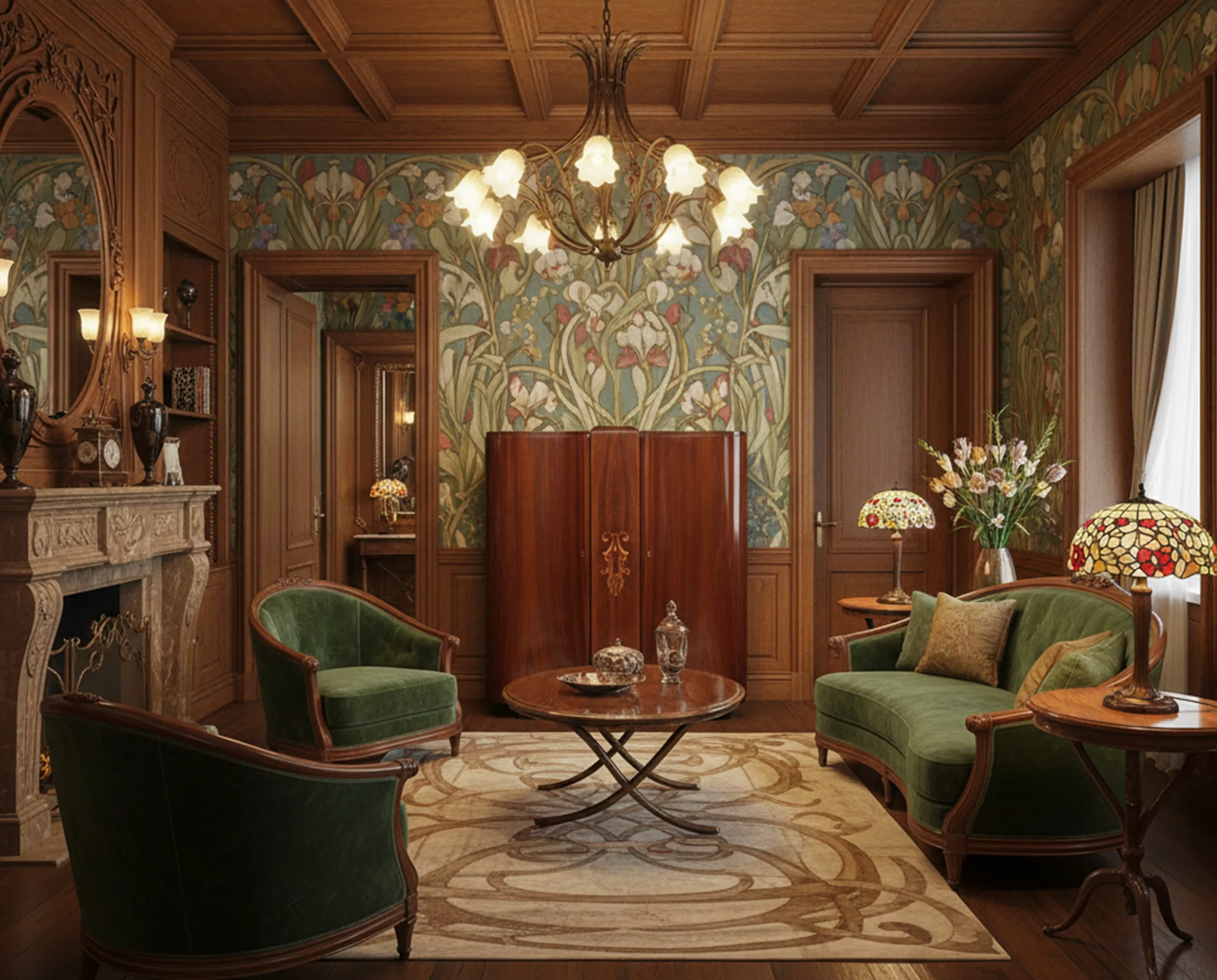 Mueble bar antiguo en un salón elegante con decoración floral.