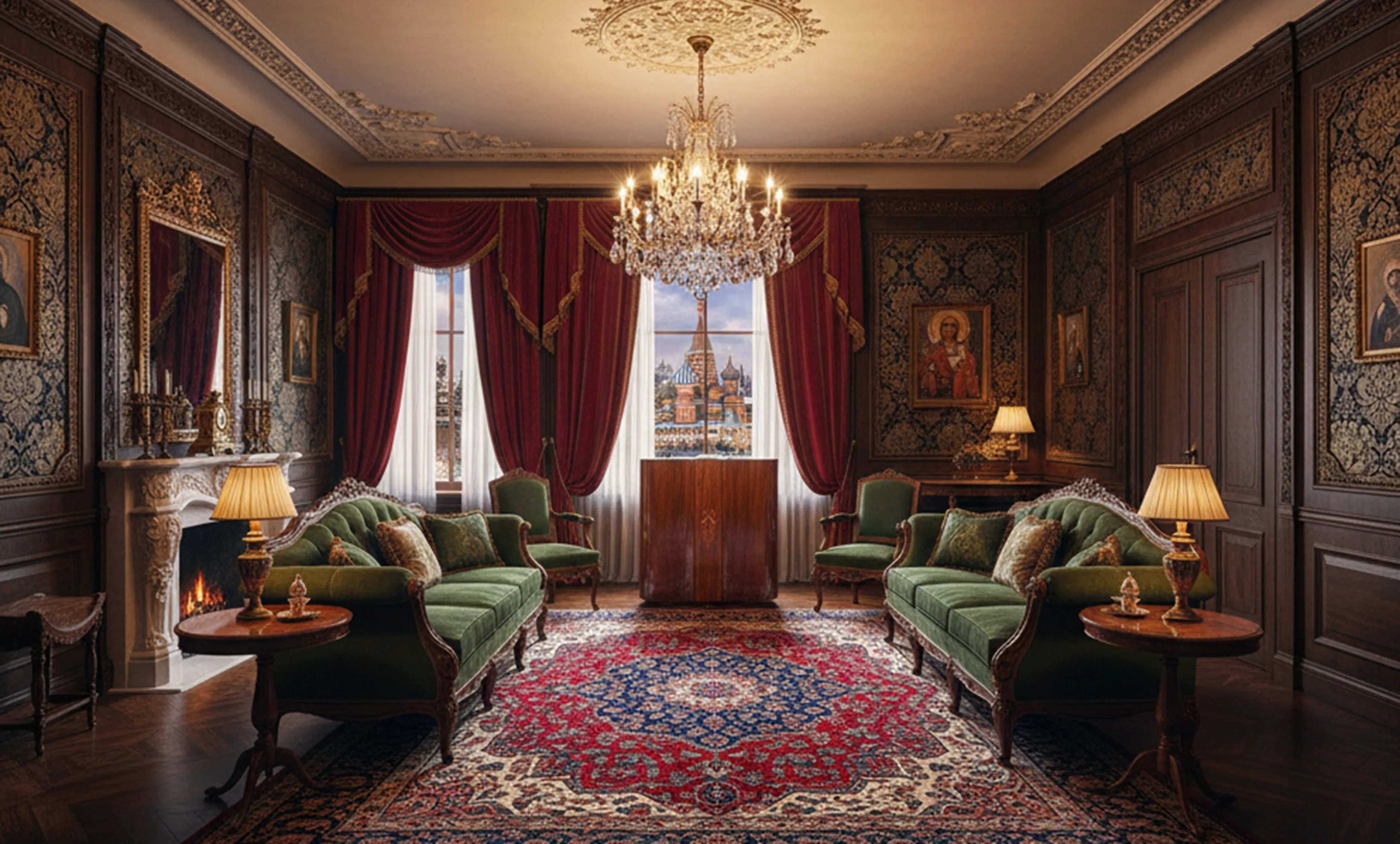 Bar antigo em uma sala de estar elegante com sofás e lâmpadas.