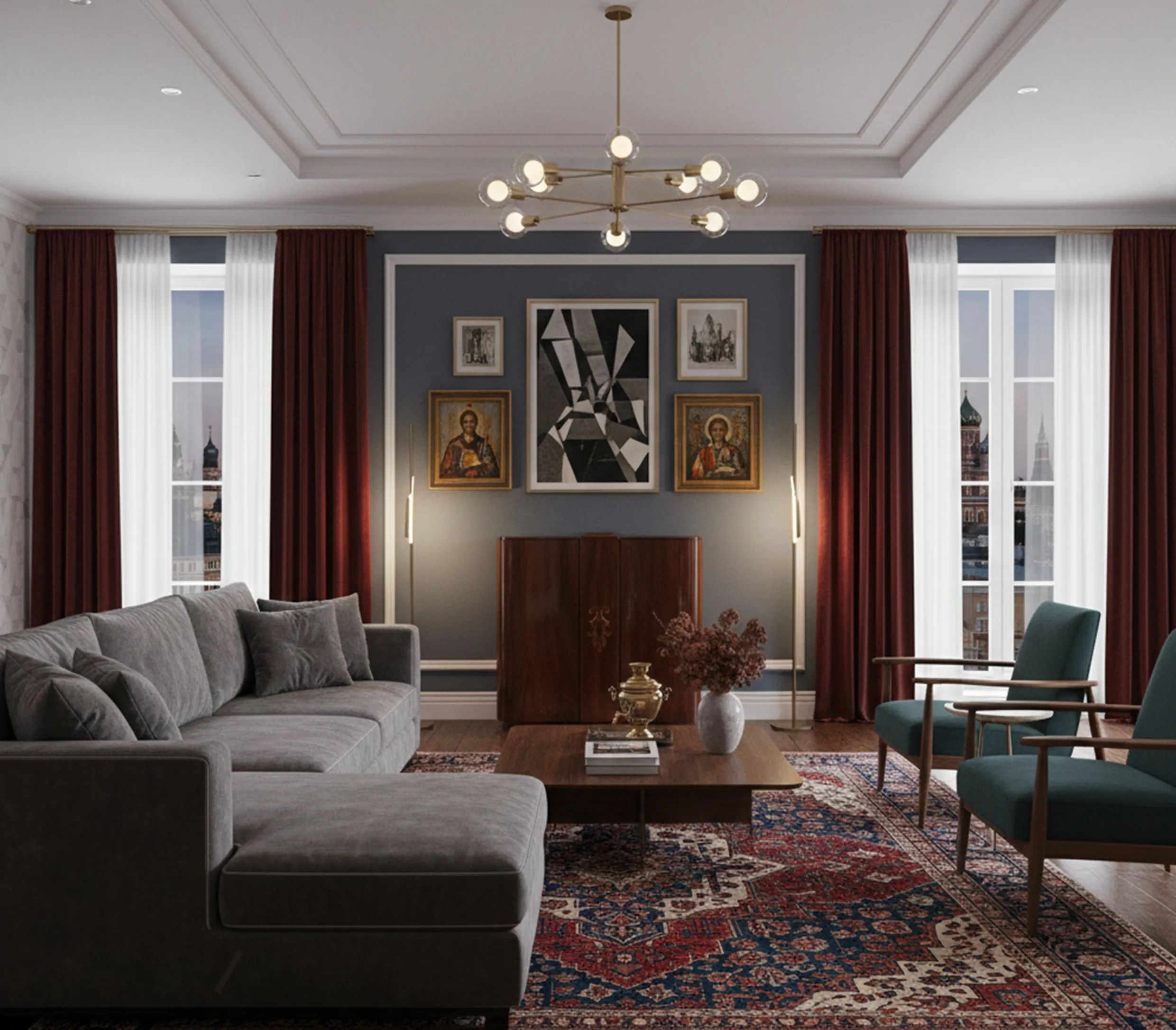 Meuble à cocktail ancien dans un salon chaleureux, avec des canapés gris et de l'art au mur.