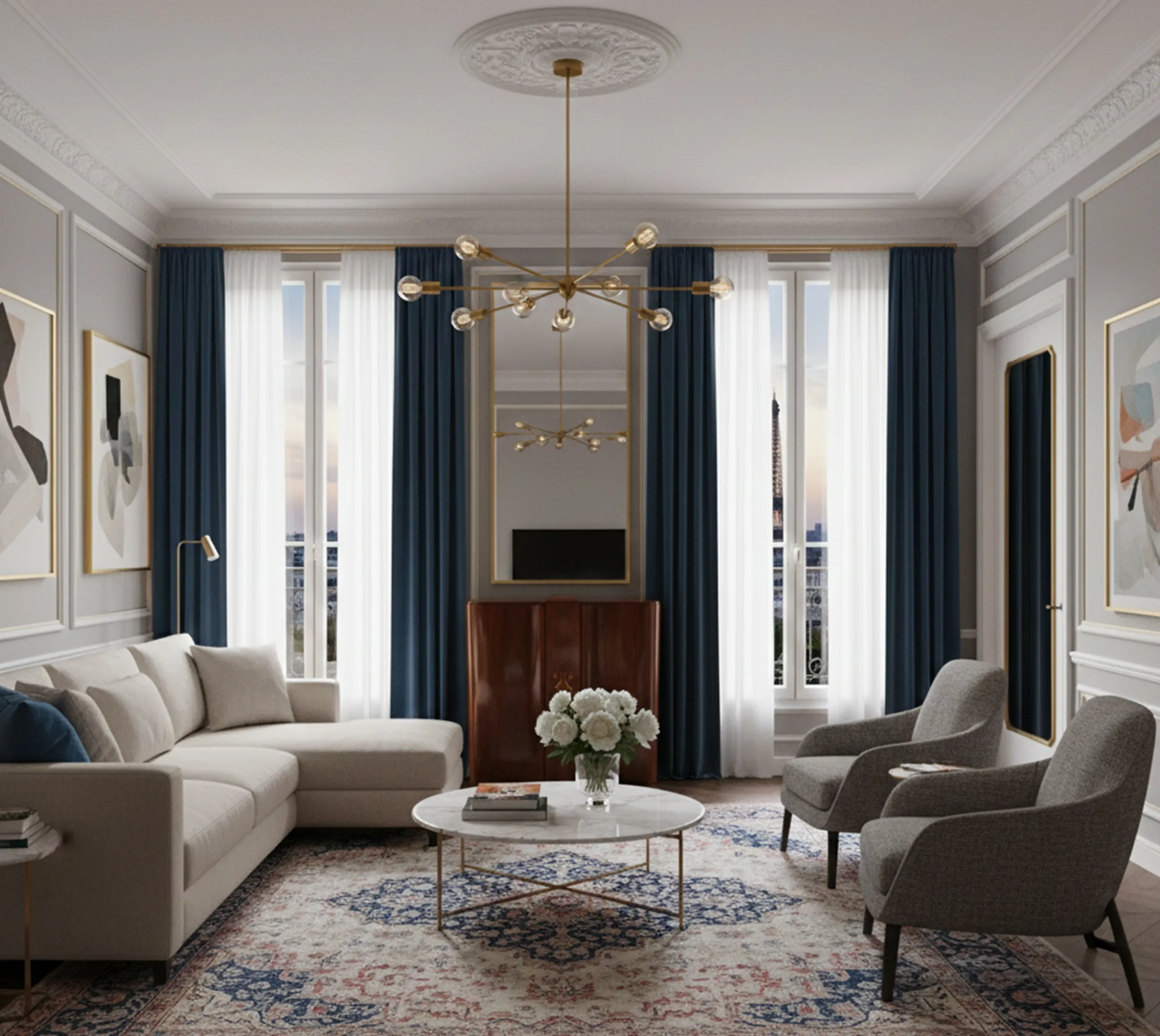 Bar antigo em uma sala elegante com sofá e mesa de café.