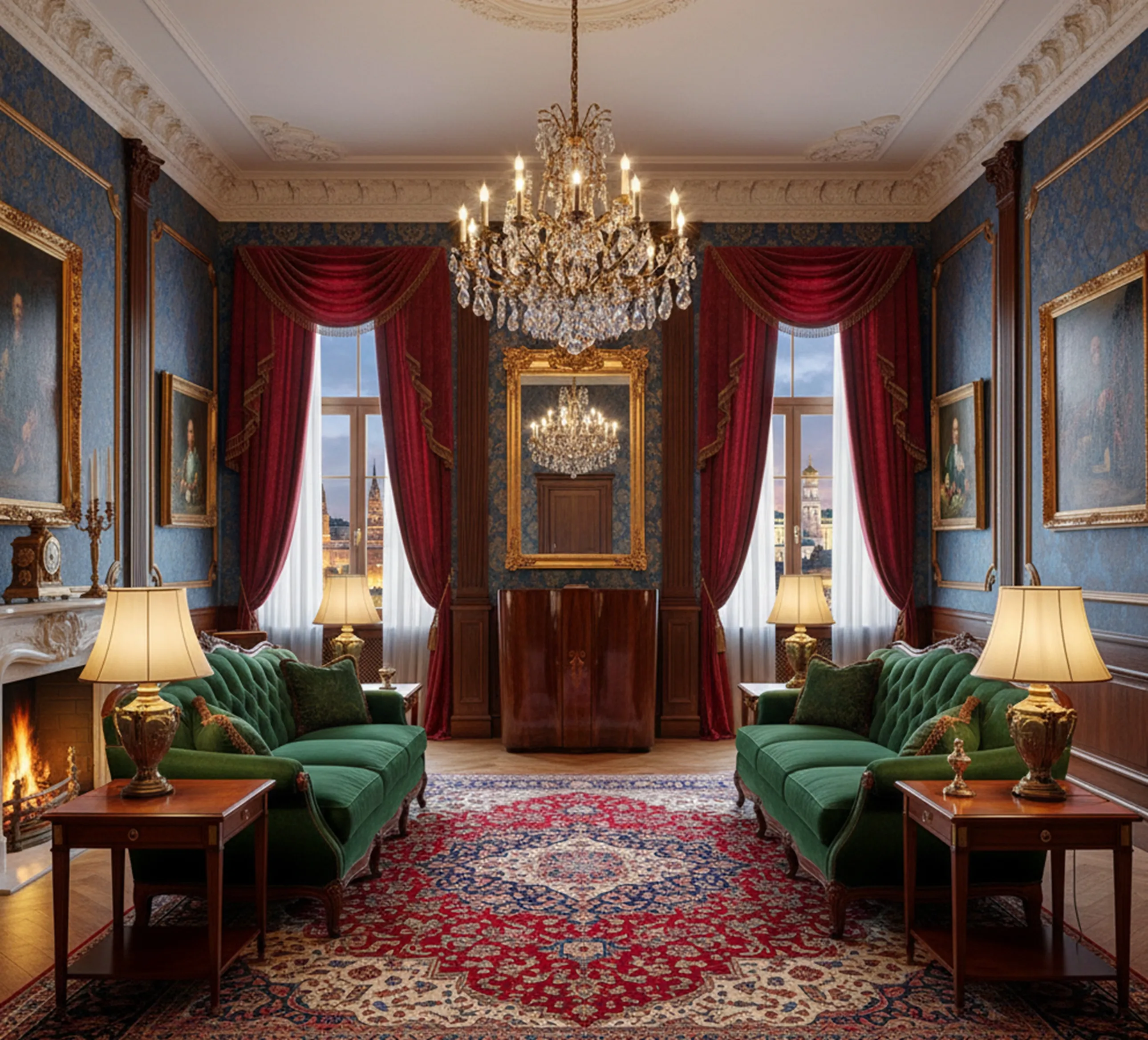 Bar antigo em uma sala de estar elegante com lâmpadas e tapete