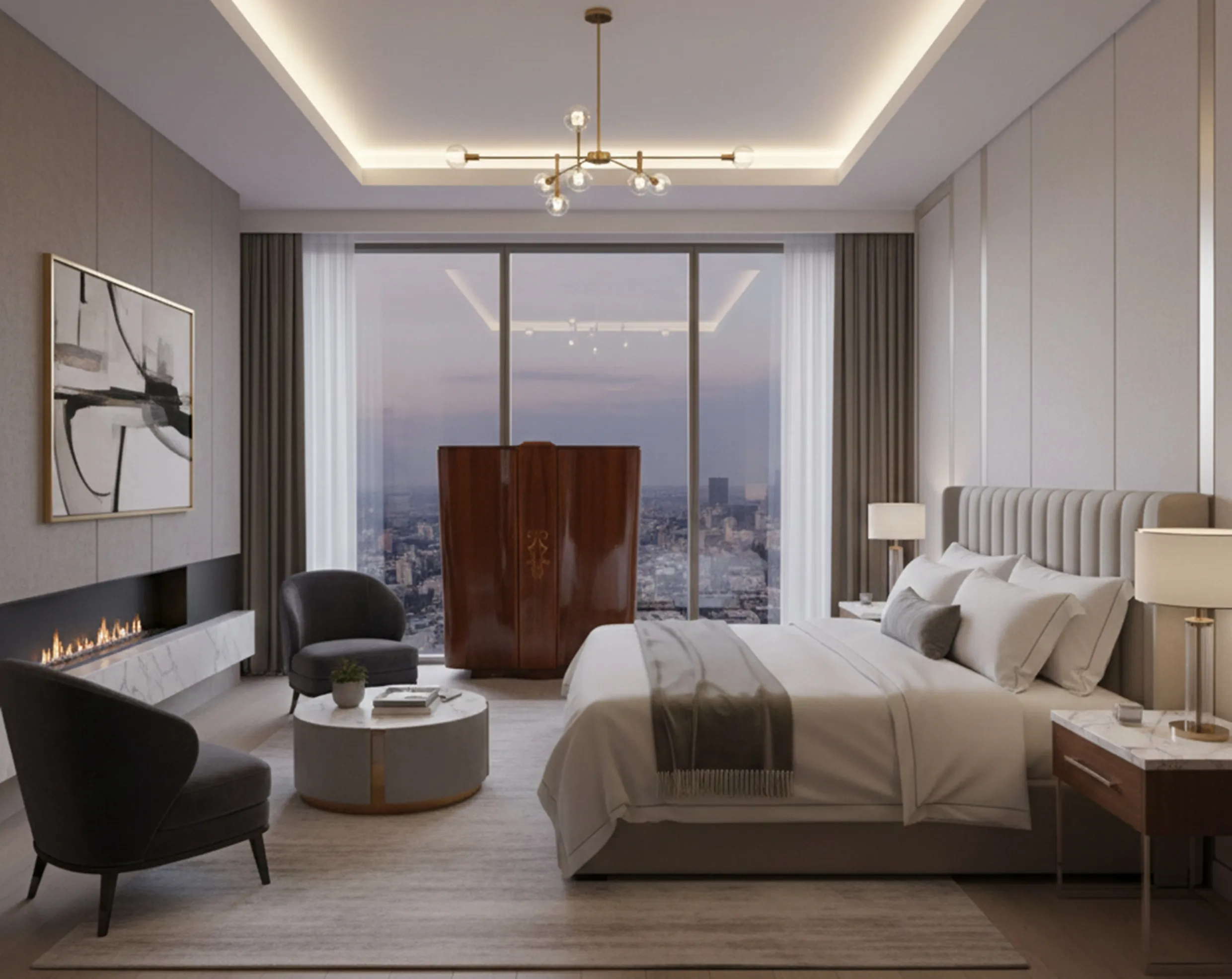 meuble bar ancien avec éclairage chaleureux et vue