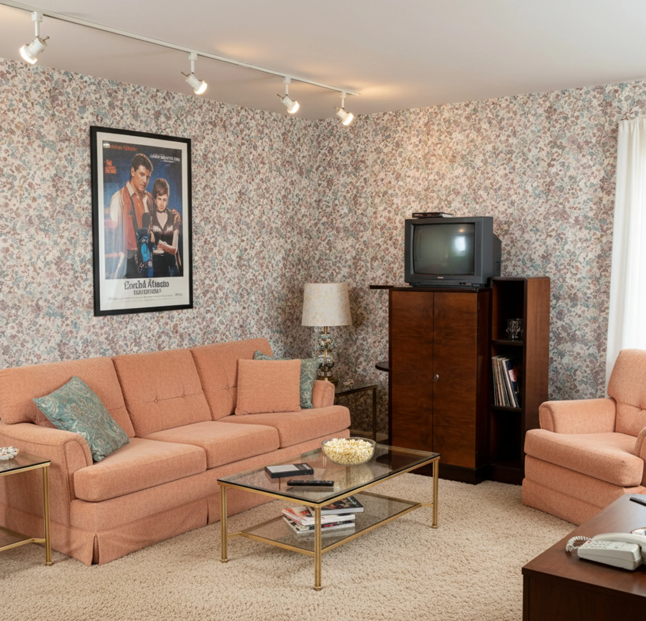 Antique bar in living room with sofa and posters