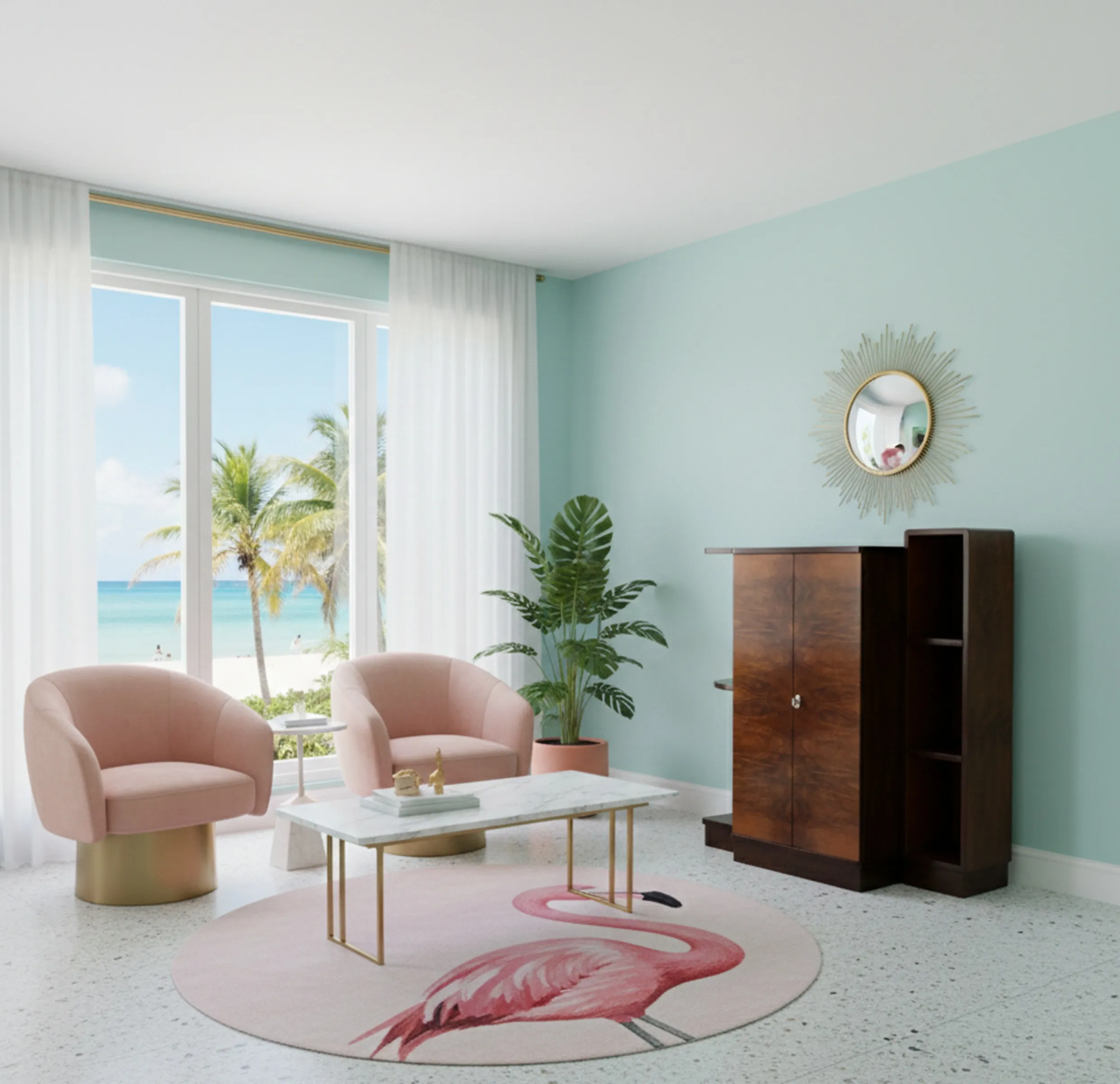 Mueble bar antiguo en un salón acogedor con vista al mar y palmeras al fondo.