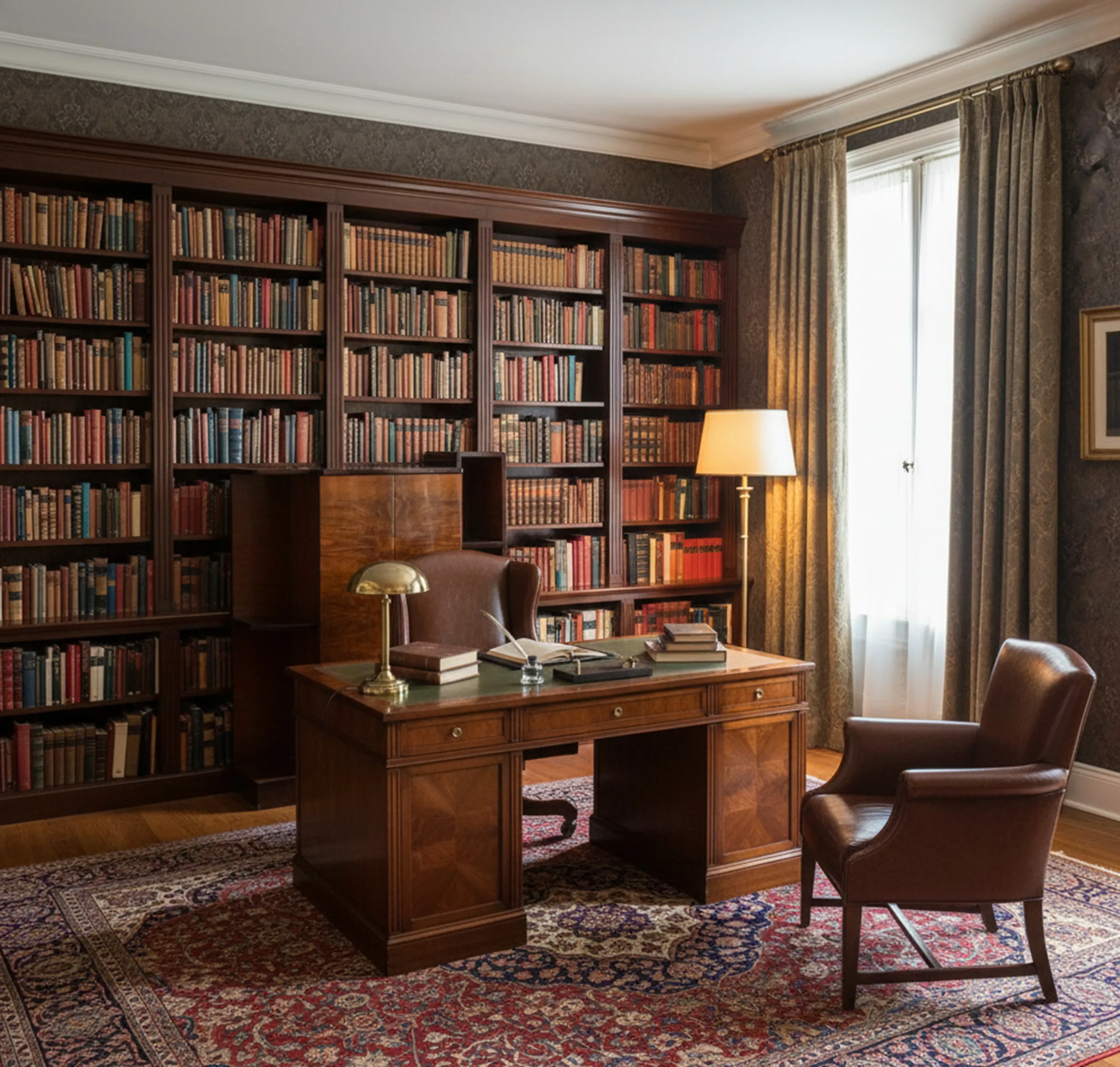 بار قديم مع مصباح في مكتب مزين بأرفف الكتب