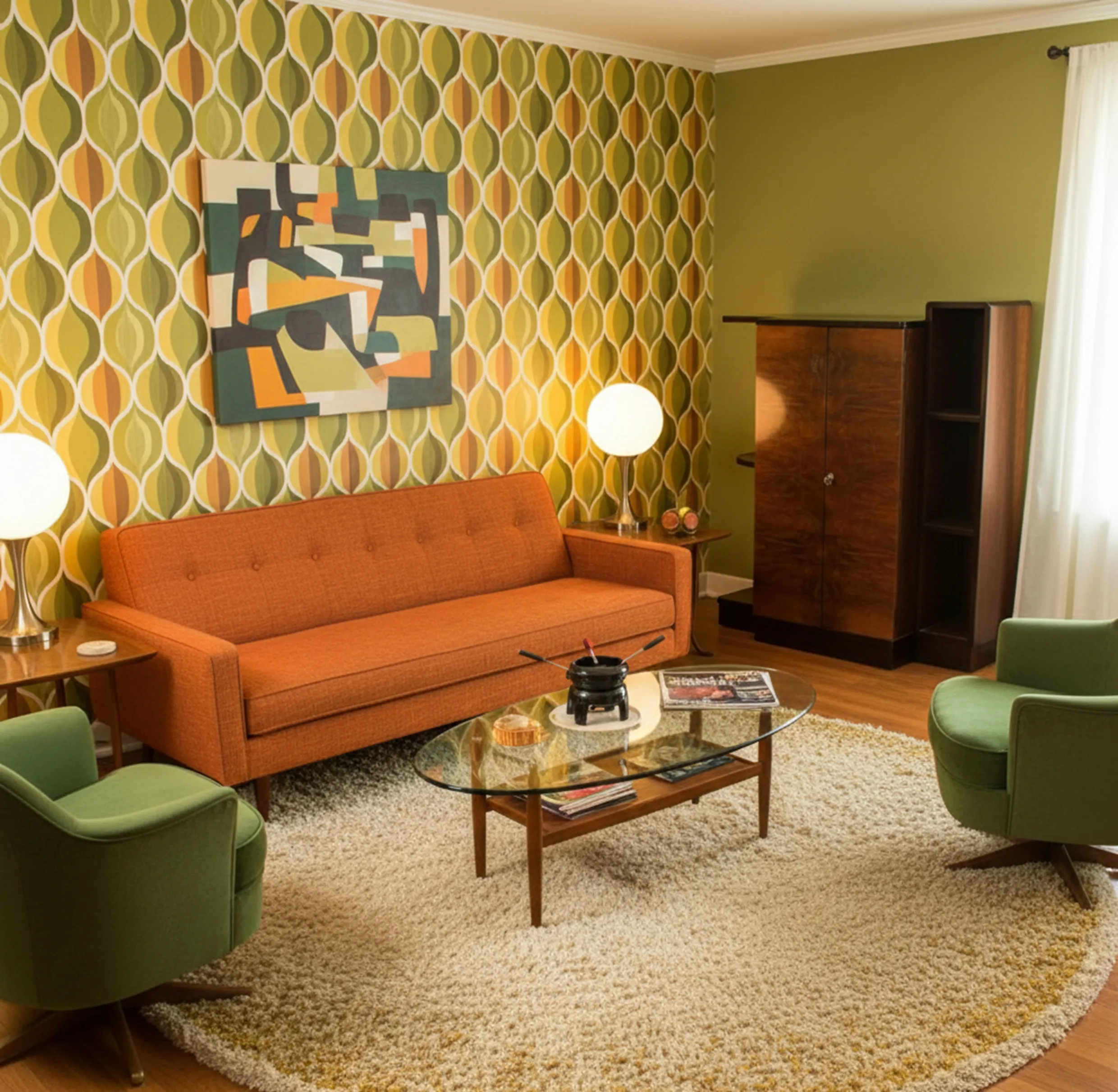 Antique bar in a warm-colored living room with lamps and modern art on the wall.