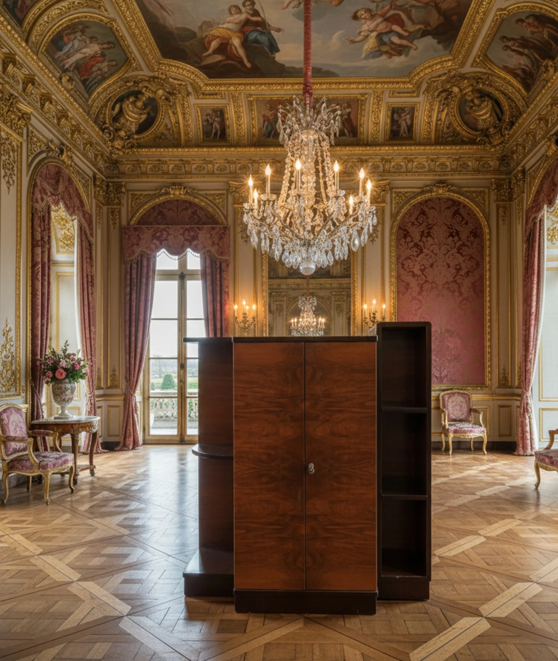 Estante de livros antigo, elegante, em ambiente luxuoso com lustres.