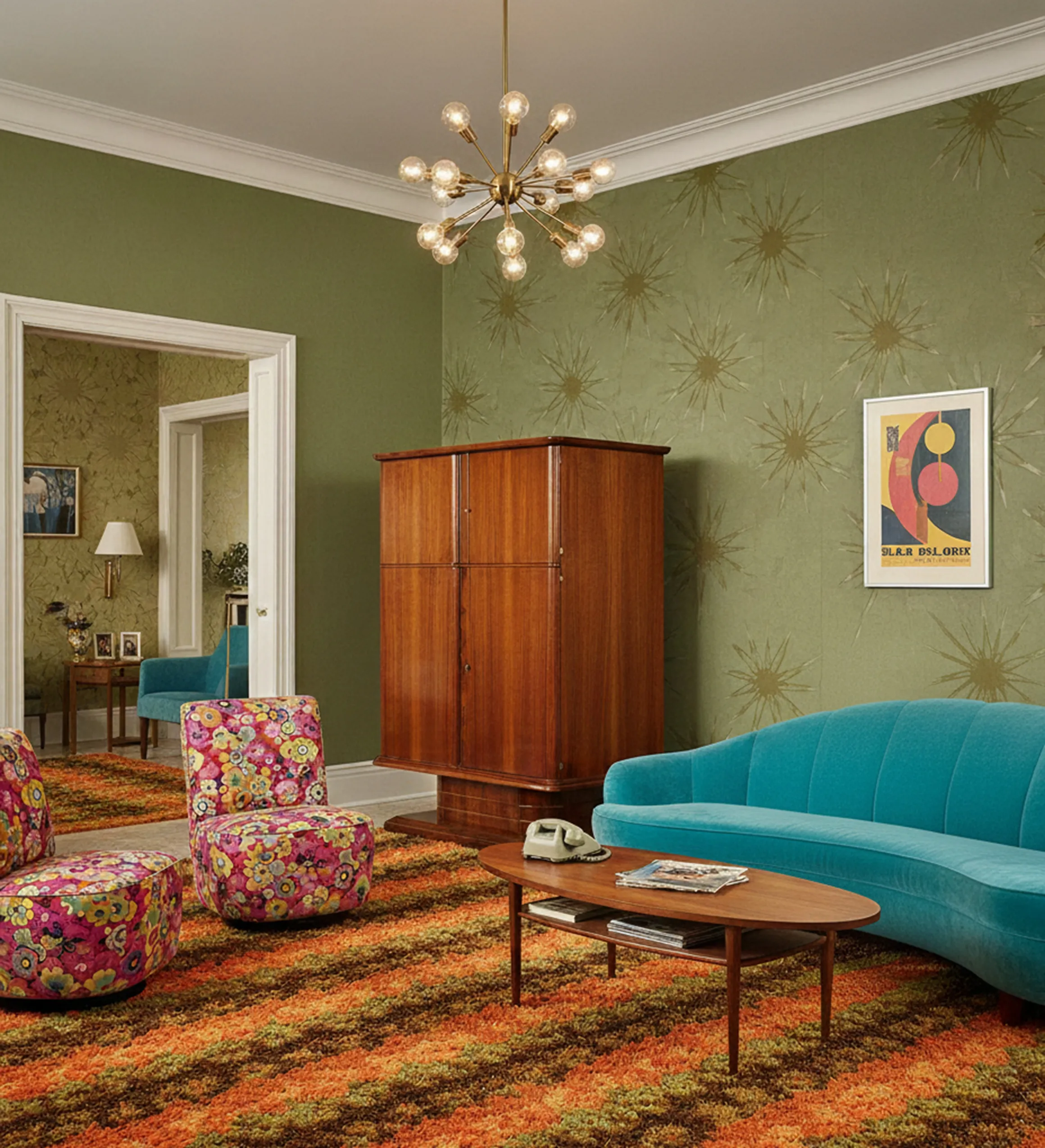 antique bar furniture in a colorful living room